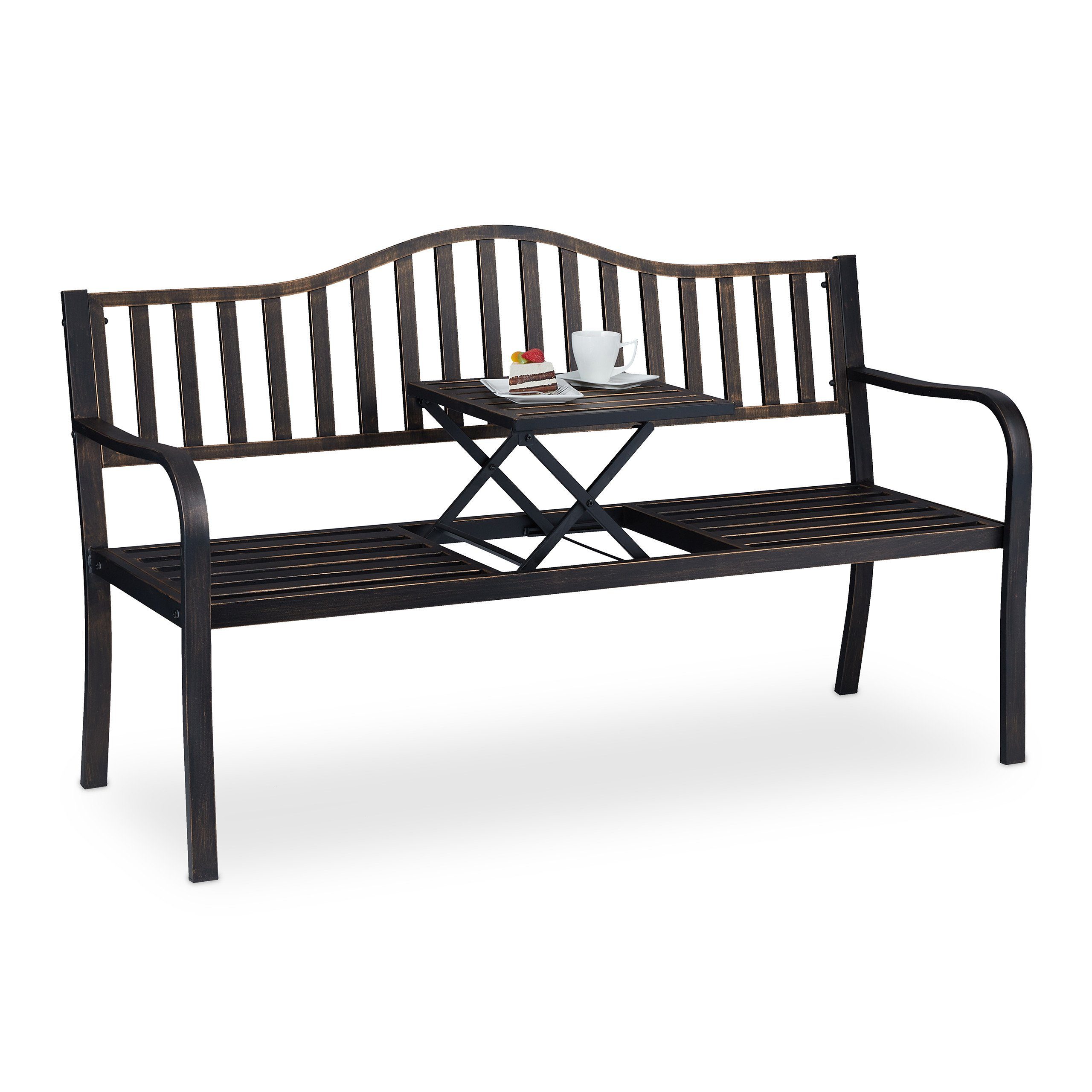 relaxdays Gartenbank mit Klapptisch, Schwarz-Bronze günstig online kaufen