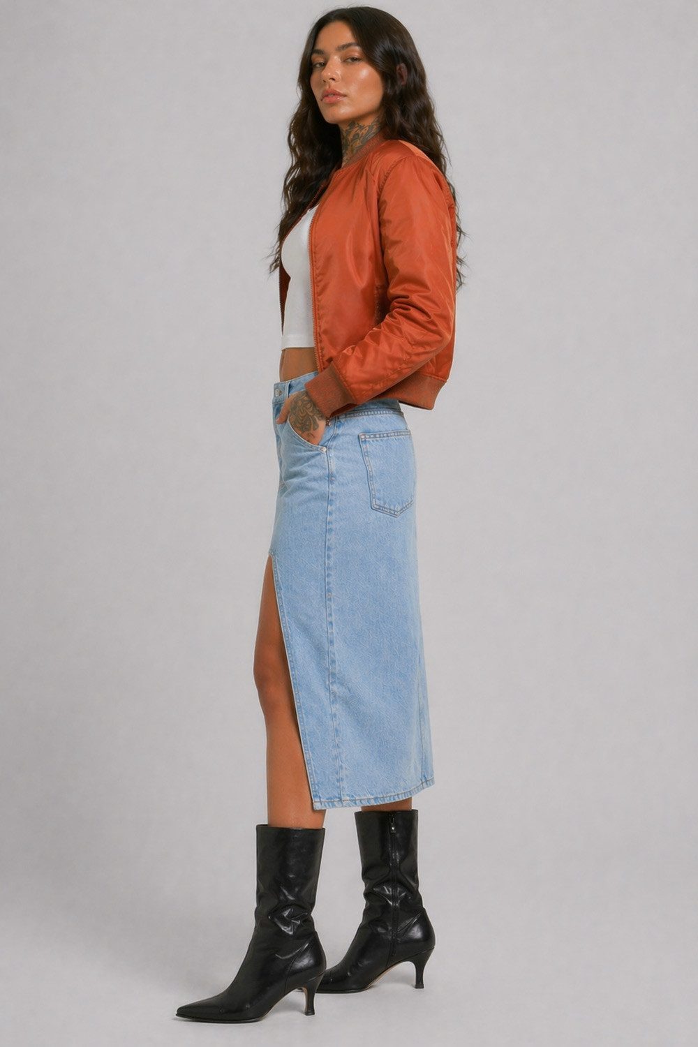 urbandreamz Jeansrock Damen Midi Rock langer Schnitt Denim Stretch stylischer Rock, robuster Jeansstoff, Gehschlitz