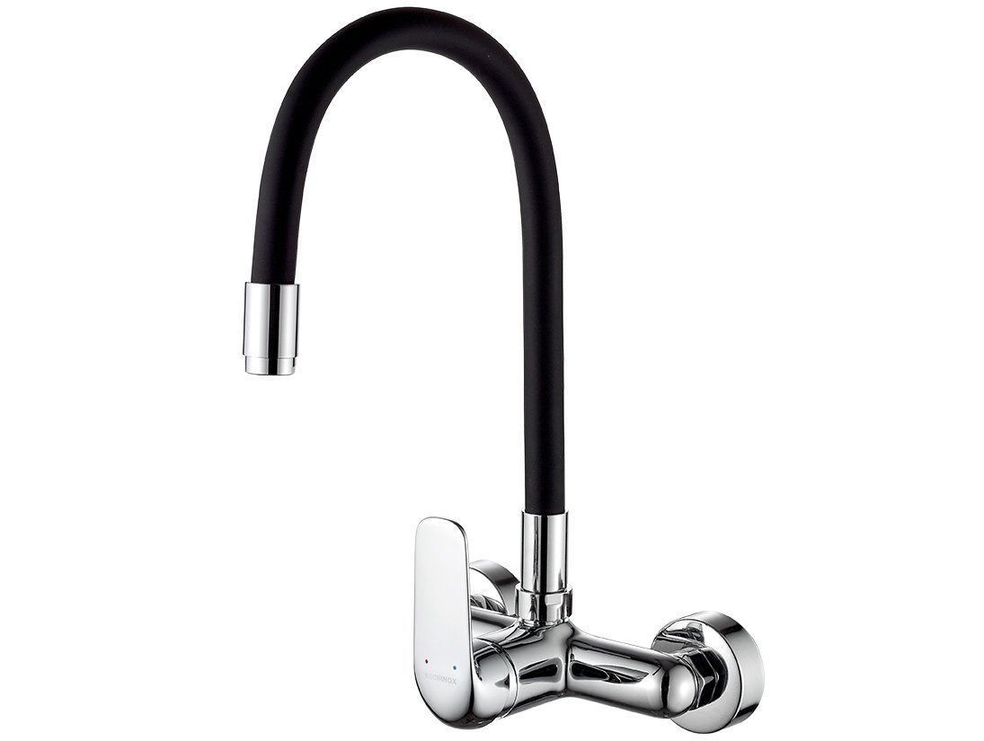 KOLMAN Küchenarmatur Wandmontage Wasserhahn ELZA Küchenmischer mit flexiblen Auslauf in Chrom-Schwarz