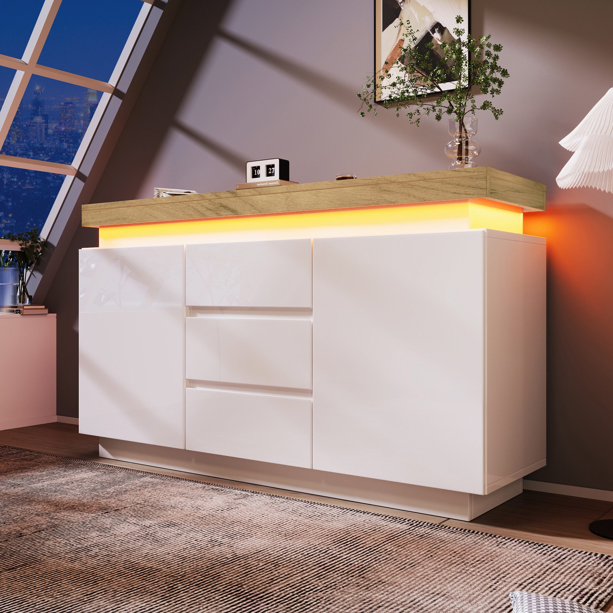Flieks Kommode Hochglanz Weiß Sideboard mit LED und verstellbare Ablagen (1 St., für Wohnzimmer, Schlafzimmer und Esszimmer), …