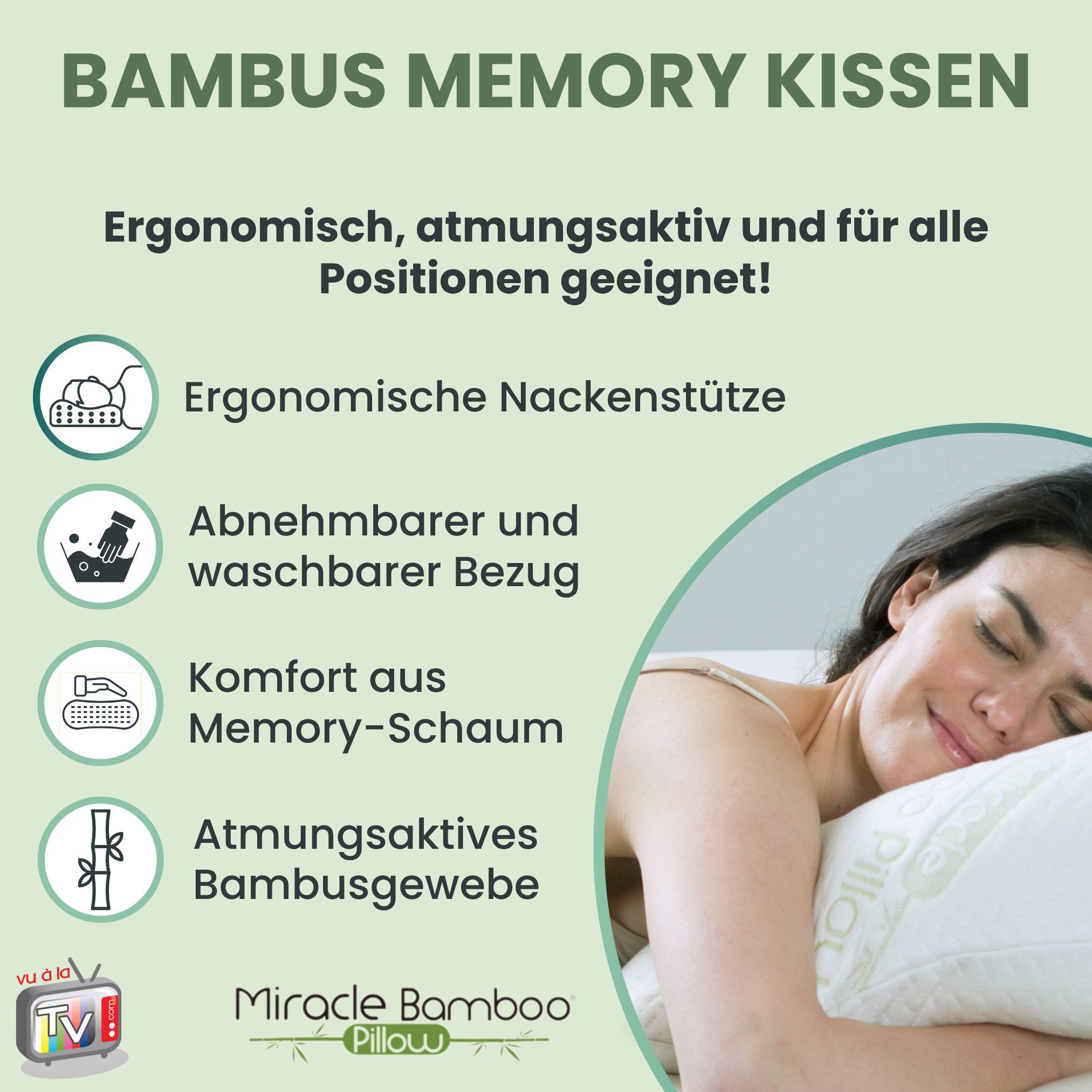 Venteo Naturfaserkopfkissen MIRACLE Bamboo Pillow mit Bambusfaserbezug, Füllung: viskoelastischer Schaum, Bezug: Bambusfaser, Spar-Set, 1er oder 2er Set, für Al – Bild 3 von 5