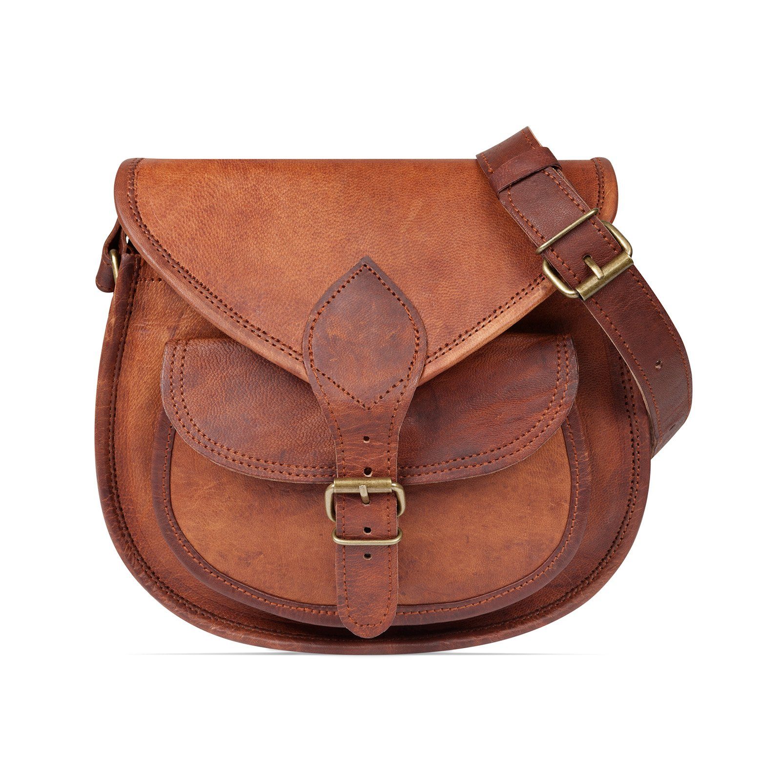 Leather Lane Handtasche »Felicia«, Echtes Leder Vintage Umhängetasche für  Damen Retro Design Ledertasche Schultertasche Naturleder Braun L