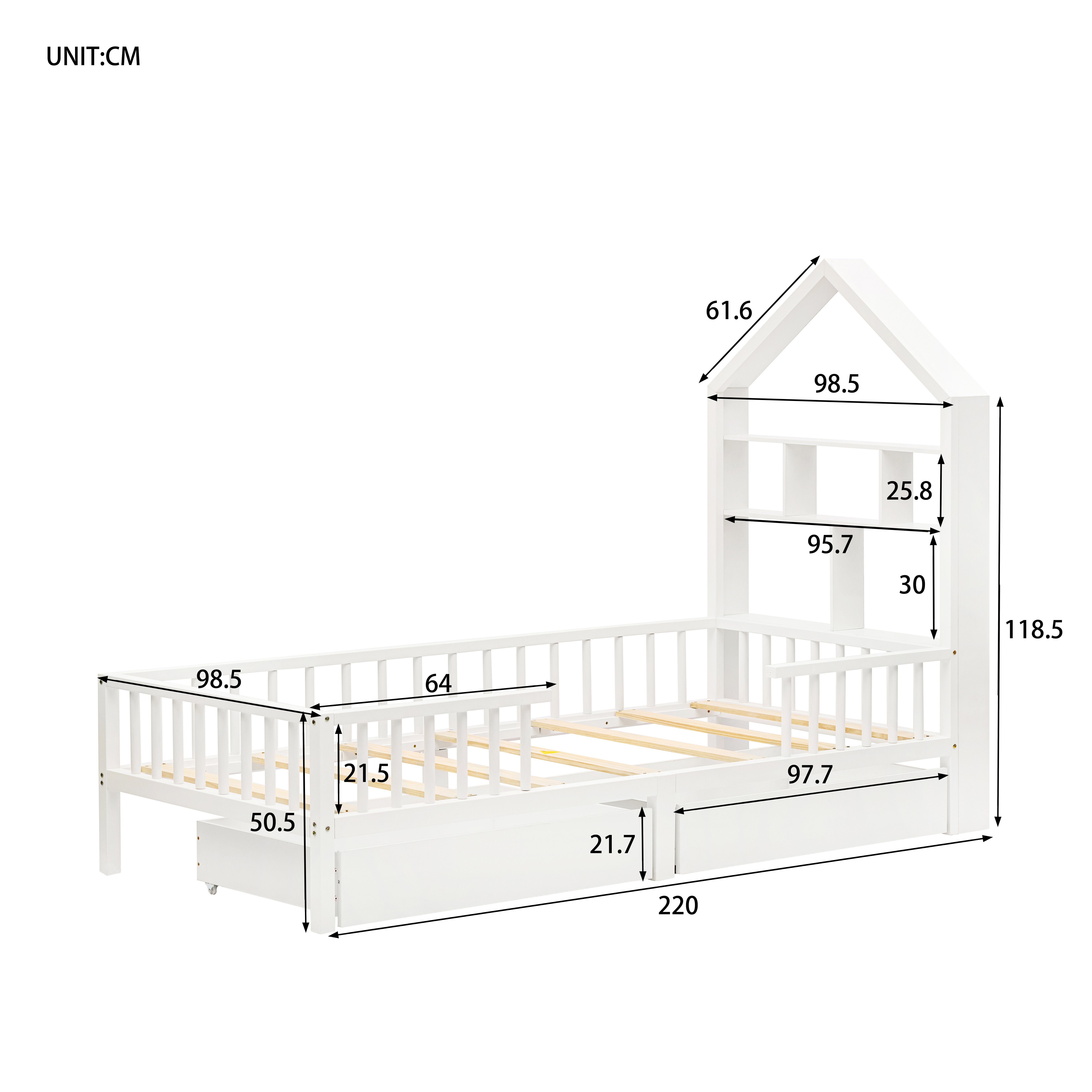 Kinderbett (Jugendbett Einzelbett 90x200cm), mit Schubladen und Lattenrost, Hausbett mit Bücherregal Rausfallschutz