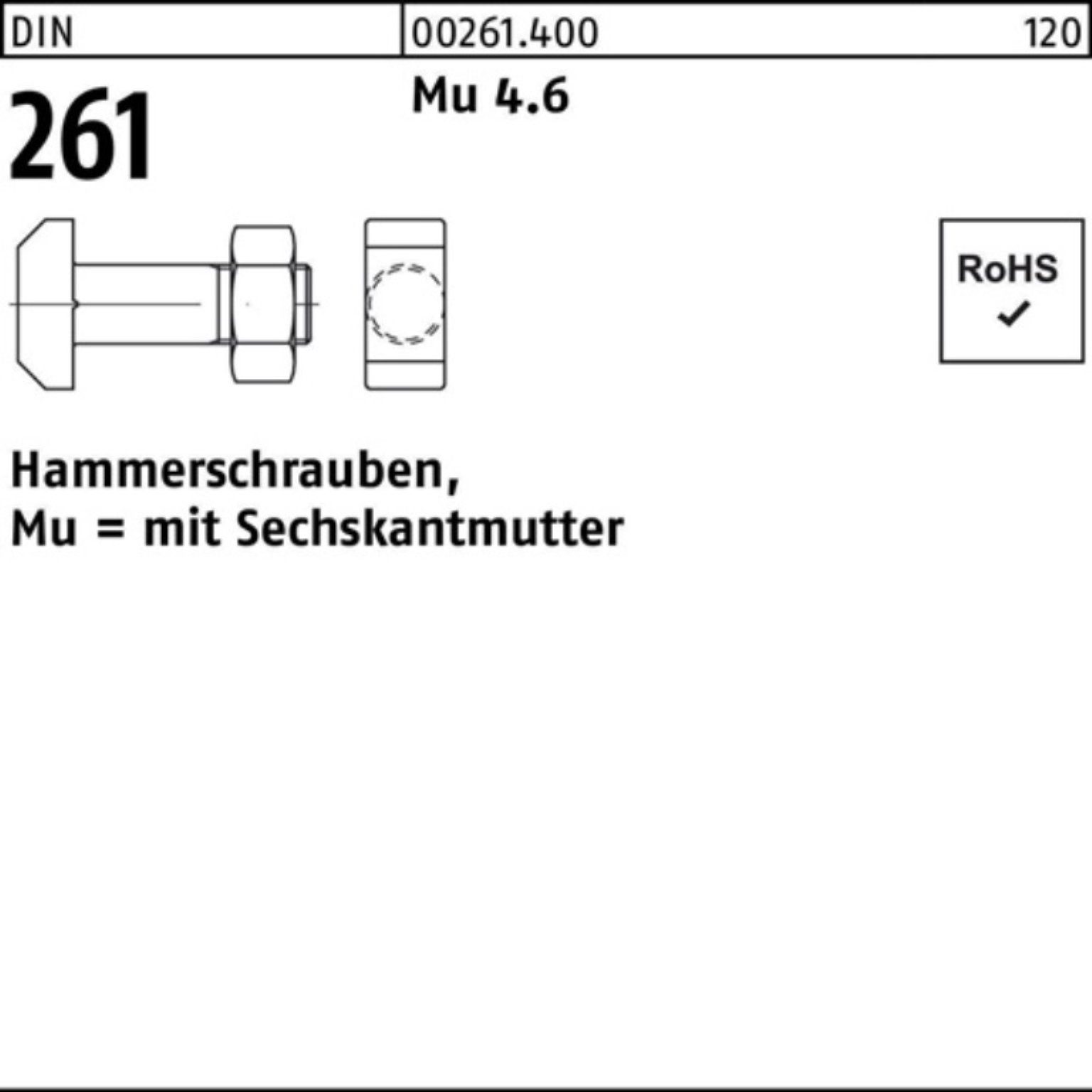 Reyher Schraube 100er Sechskantmutter 261 10 St 90 Mu Hammerschraube M20x 4.6 Pack DIN