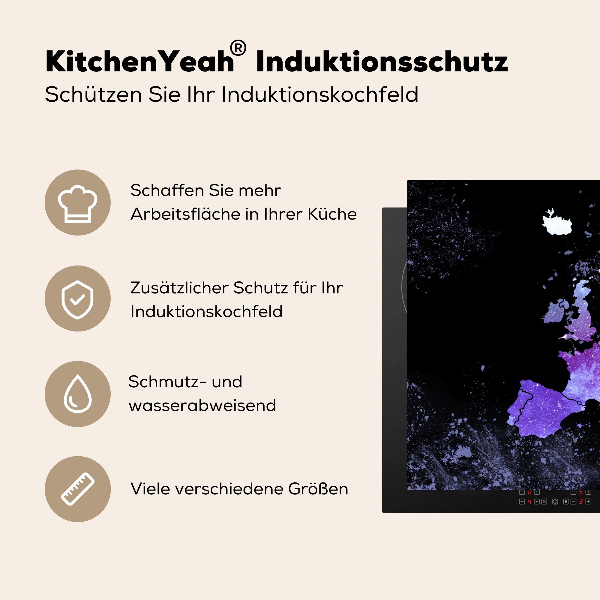 Induktionskochfeld - Ceranfeldabdeckung Schutz küche, (1 Sternenhimmel, cm, Vinyl, Karte für Europa tlg), Herdblende-/Abdeckplatte MuchoWow 81x52 - die