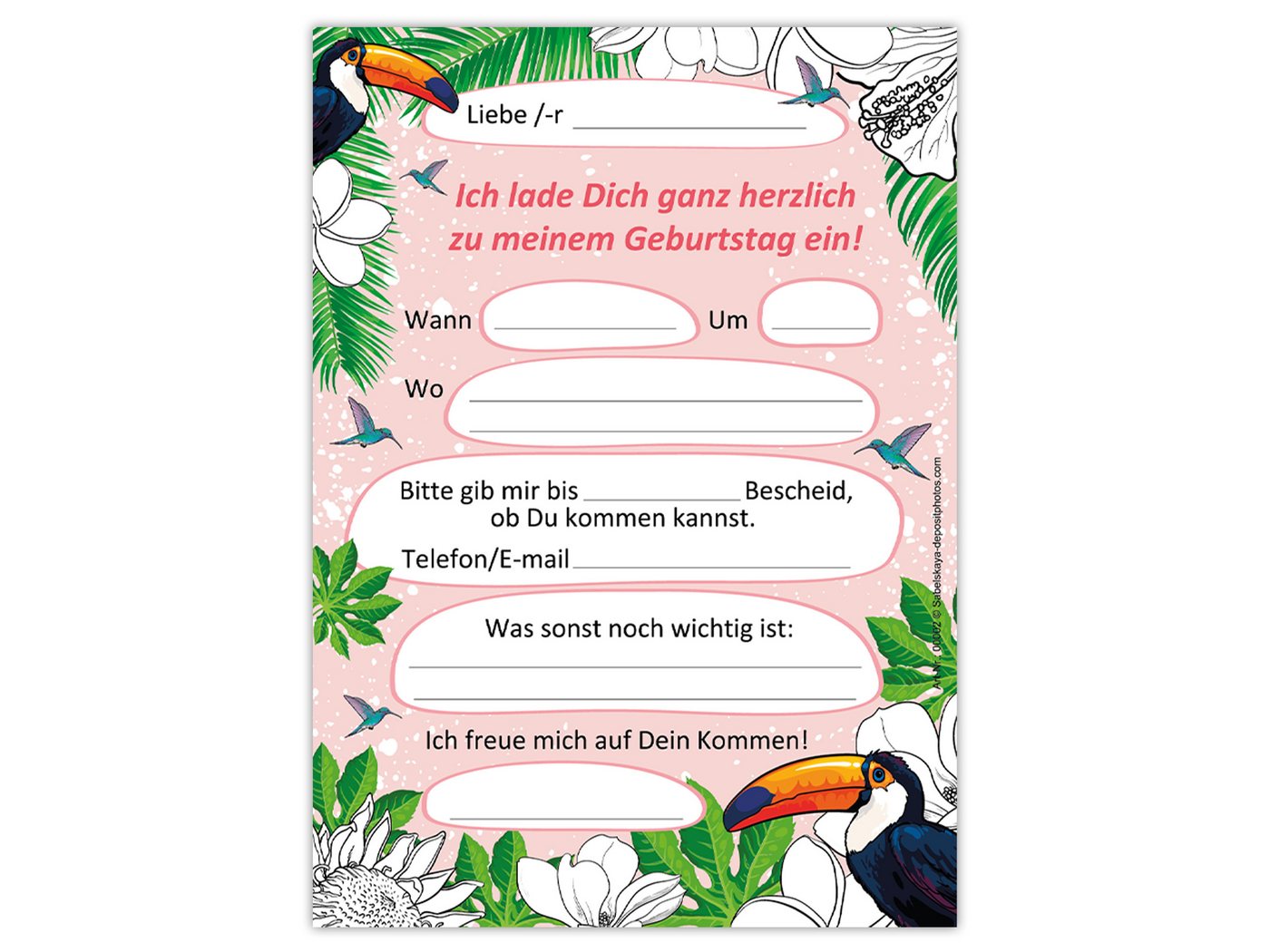 Thumbnail - LIMONIA Einladungskarten Tropen Einladungen zum 6. Kindergeburtstag Mädchen Flamingo Kolibri, Einladungskarten Blumen Pa...