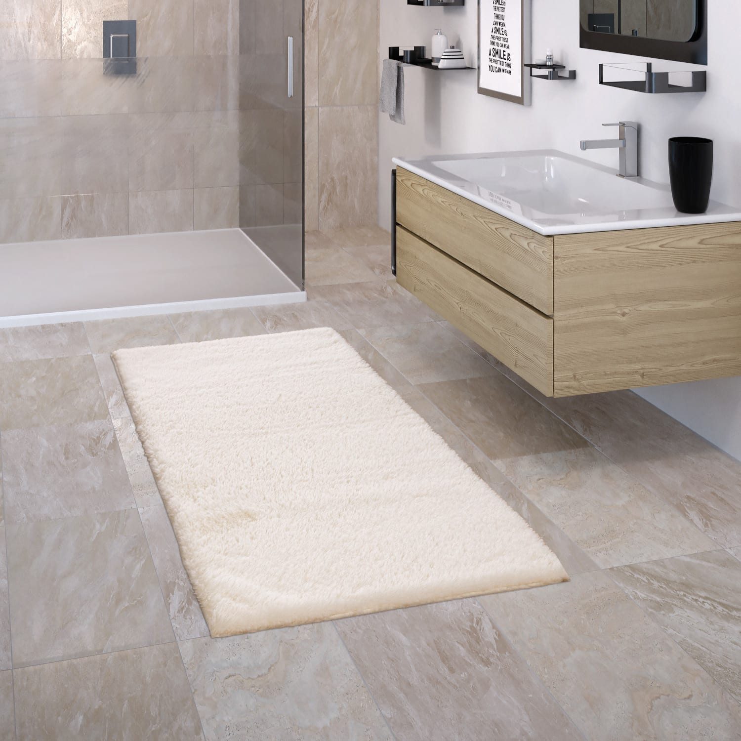KADIMA DESIGN Teppich waschmaschinenwaschbar Unifarben Hochflor Teppich Badezimmer, Rechteckig, Höhe: 26 mm, Florhöhe: 22 mm, 100% Polyester, Rücken aus Gummi, 50x80cm, Creme