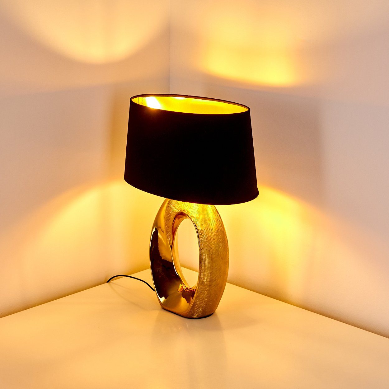 hofstein Tischleuchte Schlaf Wohn Zimmer Leuchten Stoff schwarz Keramik gold Nacht Tisch – Bild 4 von 5