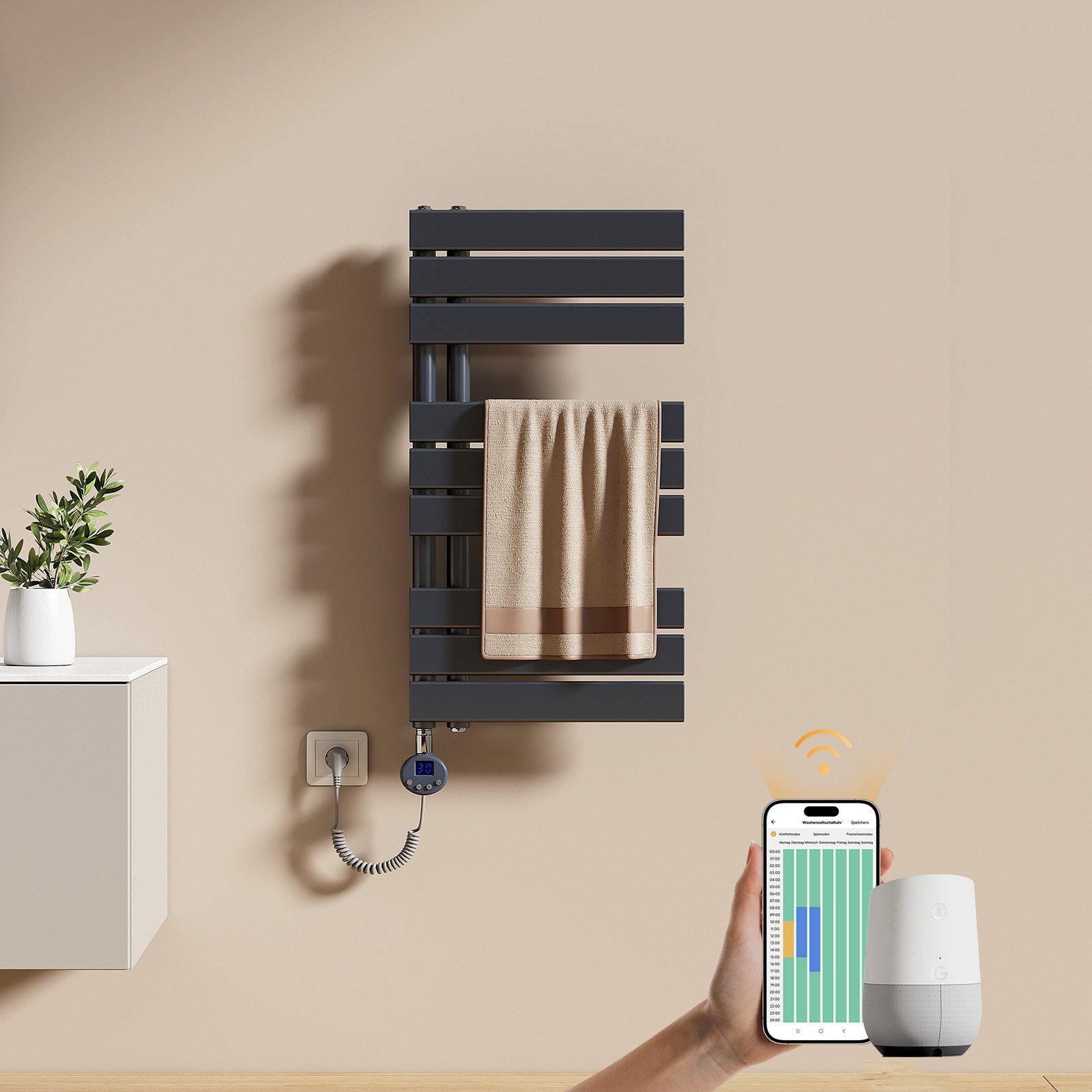 EMKE Elektrischer Badheizkörper Handtuchheizkörper mit Heizstab Wandheizung Seitenanschluss, Anthrazit 4 Heizmodi, IPX4, Kindersicherung 400W~1000W