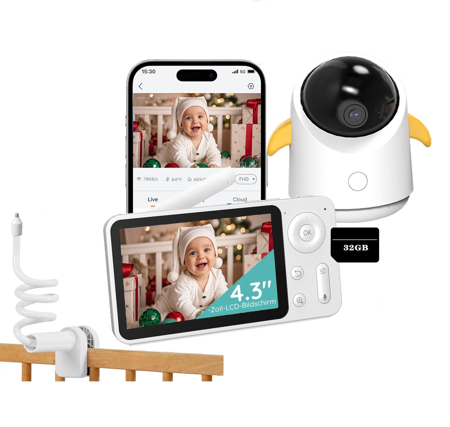 Babyphone 4,3 Zoll WLAN Babyphone mit Kamera, 360° Video-Babyfon mit App