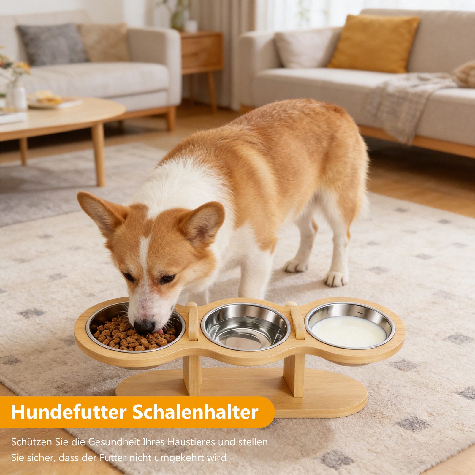 BlingBin Futternapf Katzennapf Erhöht Futterstation Katzen mit 3 Edelstahl Schüsseln, Edelstahl, 15° Gekippte Ergonomischer Futterstation Höhe Verstellbar Fressnapf