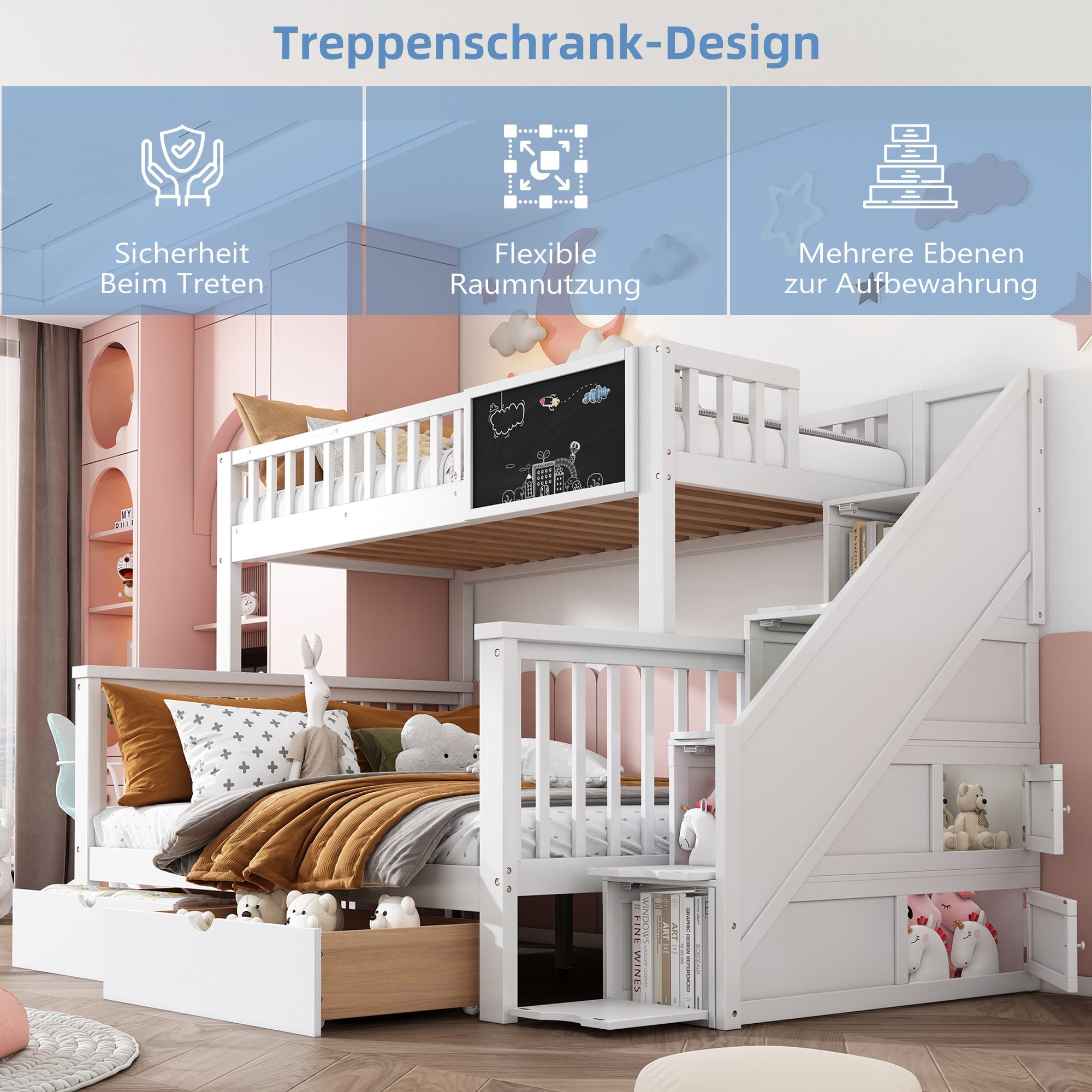 Etagenbett weiß Kinderbett, Treppe Schubladen mit 90x200cm+140x200cm REDOM Tafel