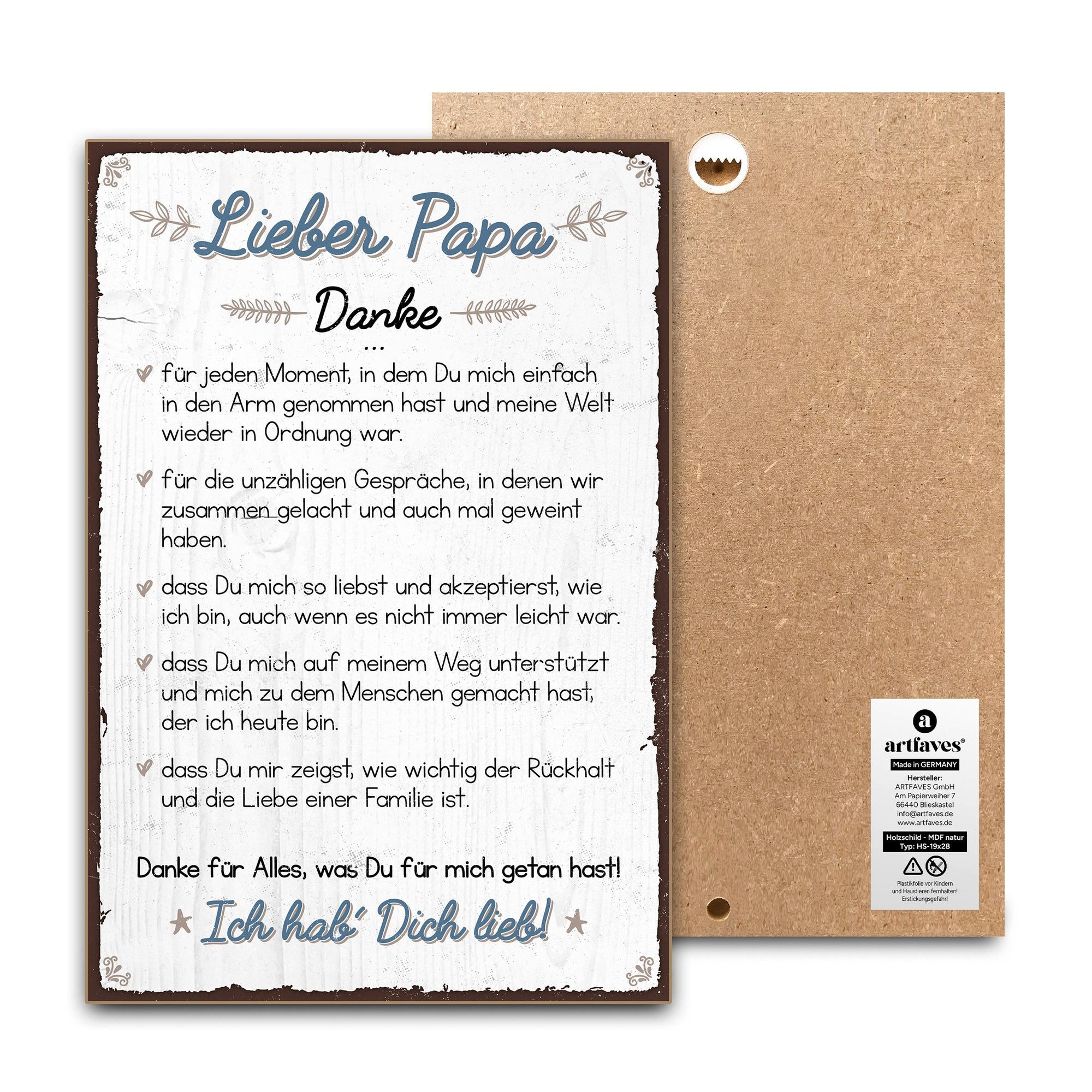 ARTFAVES Holzbild Schild mit Spruch - DANKE lieber PAPA - Vatertag