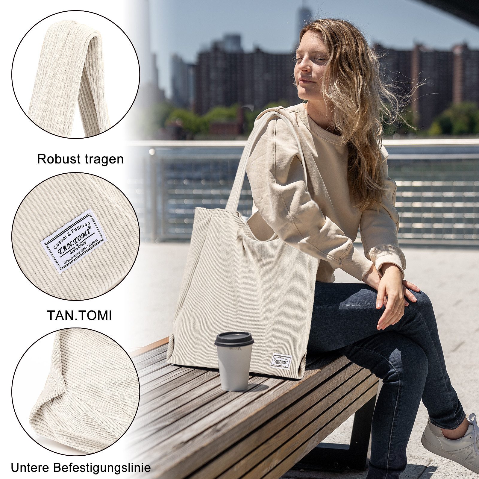 TAN.TOMI Shopper Tasche Damen Tote Bag mit Reißverschluss aus Cord Alltag, günstig online kaufen