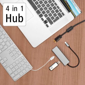 Hama USB-C Multiport Hub für Laptop mit 4 Ports, USB-A, USB-C, HDMI USB-Adapter USB-C zu HDMI, USB Typ A, USB-C, 15 cm, Laptop Dockingstation, kompakt, robustes Gehäuse, silberfarben