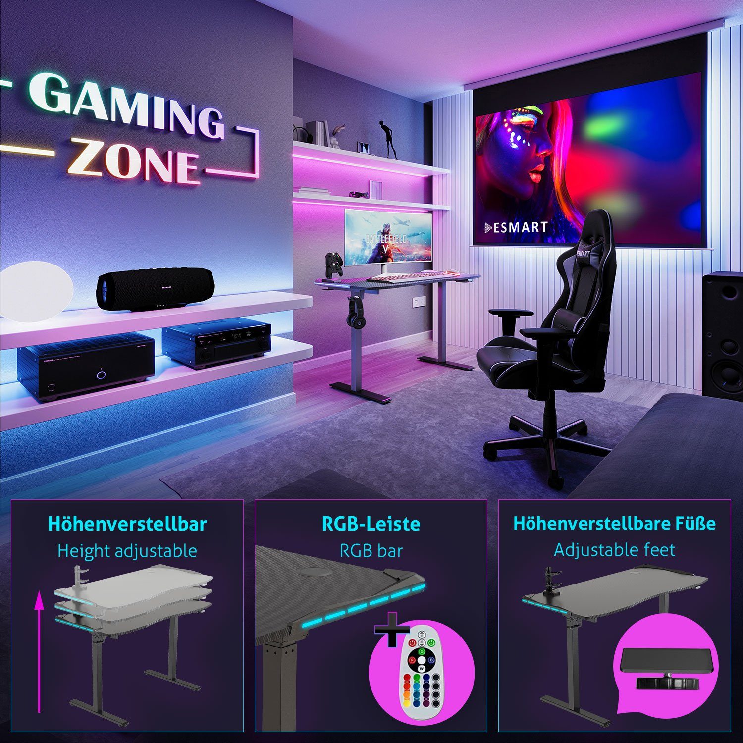 ESMART Gamingtisch GSX-121 elektrisch höhenverstellbarer Gaming Schreibtisch 120 x 60 cm