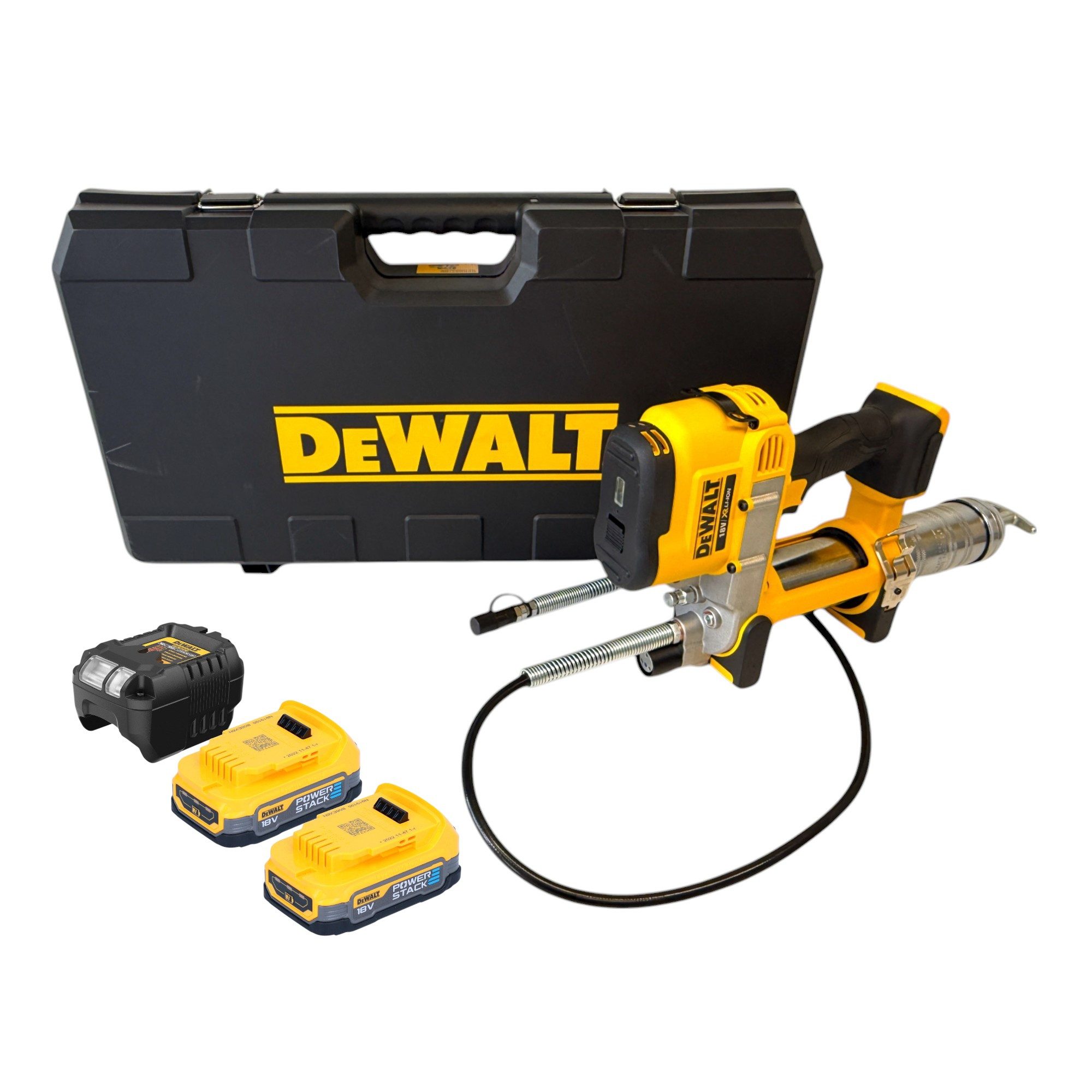 DeWalt Werkstattpresse DCGG 571 E2K Akku Fettpresse 18 V + 2x Powerstack Akku 1,7 Ah