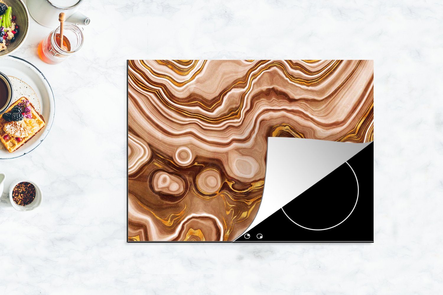 Marmor Ceranfeldabdeckung - cm, (1 Muster, Vinyl, tlg), Arbeitsfläche - MuchoWow nutzbar, 70x52 Gold Herdblende-/Abdeckplatte Mobile