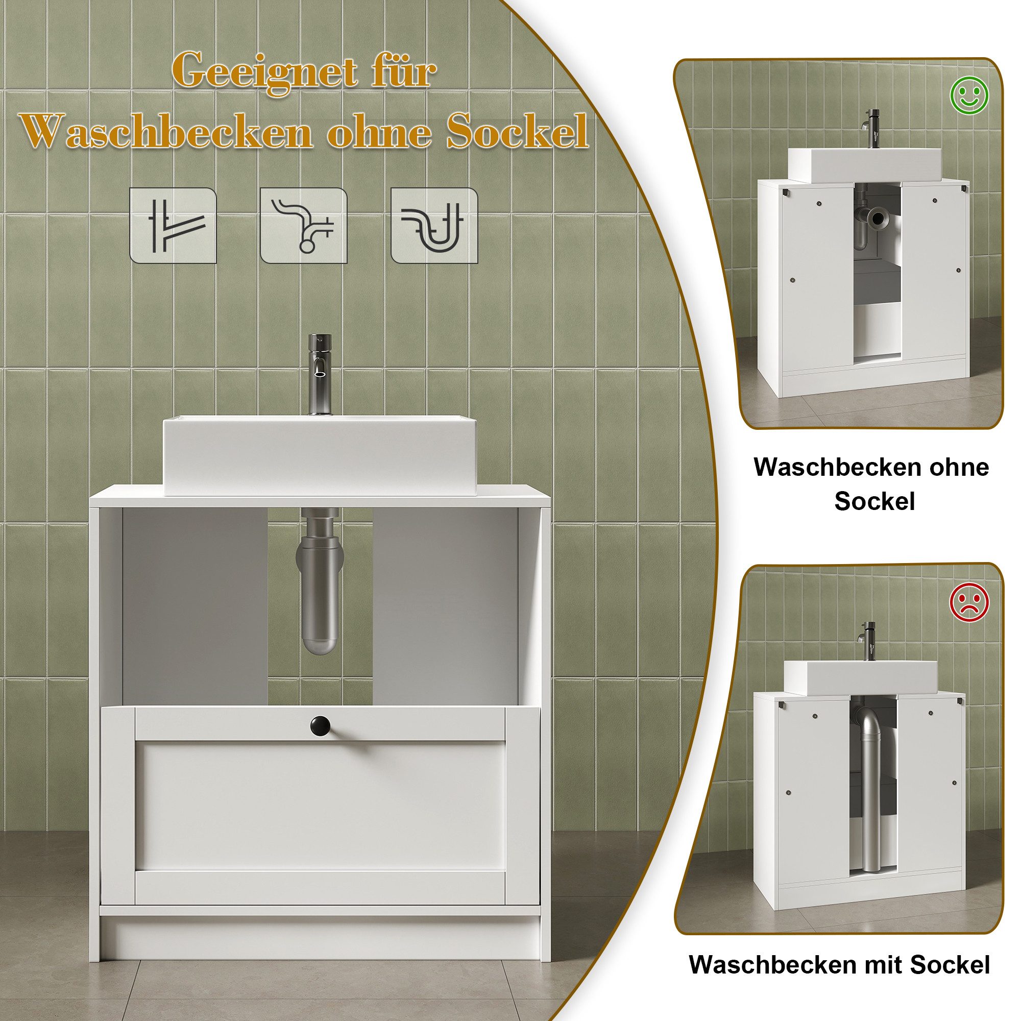 Hyaapwod Waschbeckenunterschrank Badezimmer Unterschrank mit Zwei Schubladen (1-St) 60 x 30 x 60 cm, Weiß – Bild 5 von 5