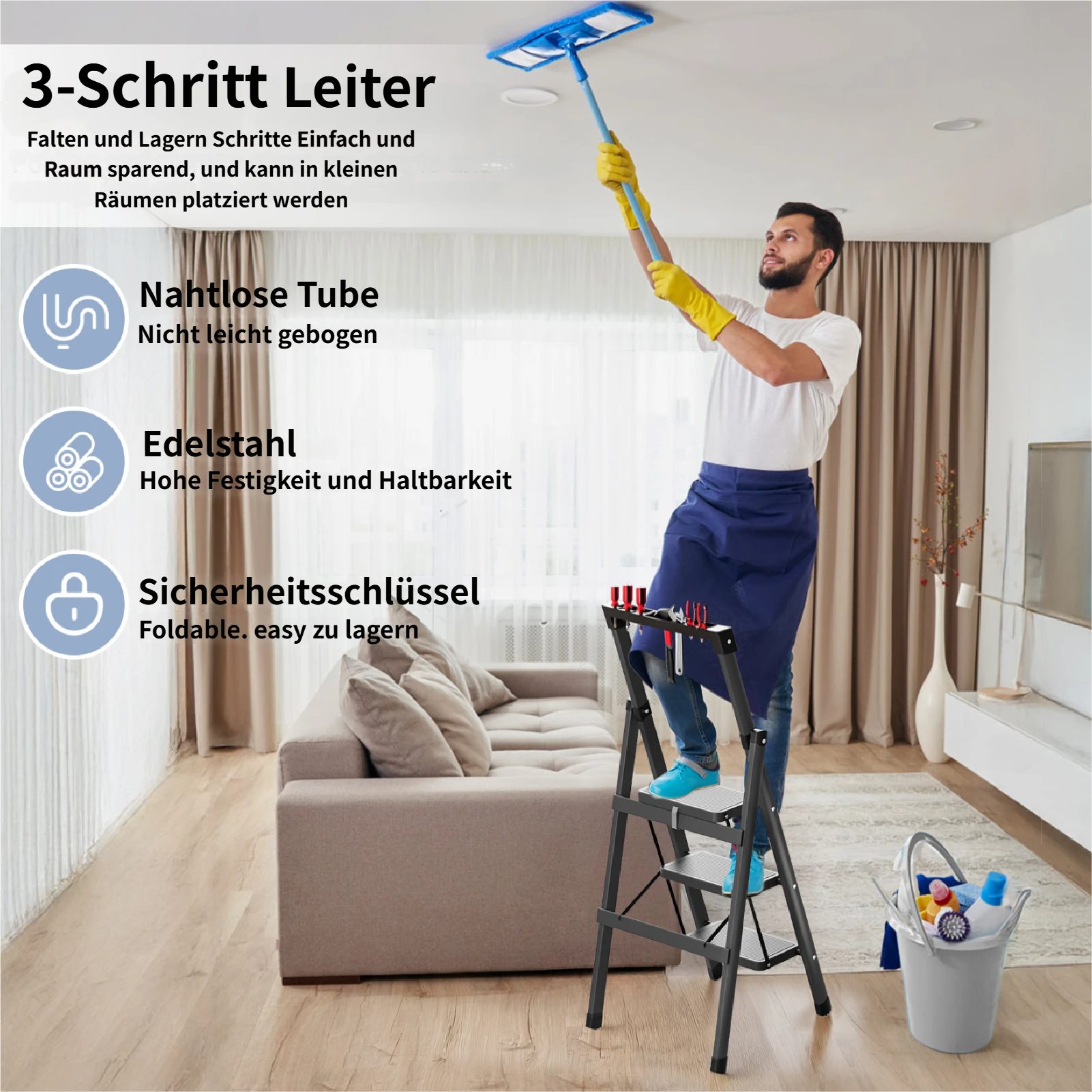 Rutaqian Stehleiter Trittleiter 3 Stufen Haushaltsleiter für Zuhause, Küche & Garten, Klappleiter Hocker mit Werkzeugplattform, Arbeitsleiter bis 150 kg