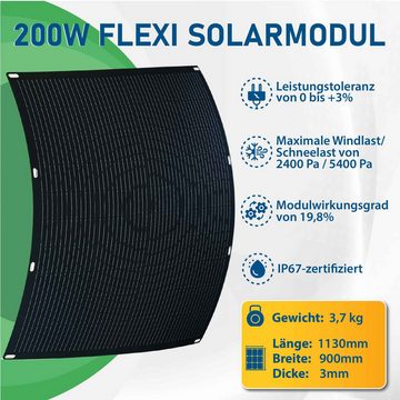 Campergold Solaranlage 200W Flexibles Solarmodul Monokristallin Flexibles Solarpanel IP67, (Photovoltaik Off-Grid für Wohnmobil ! Dächer !Camping ! Boote! Camper und andere unebene Oberflächen)