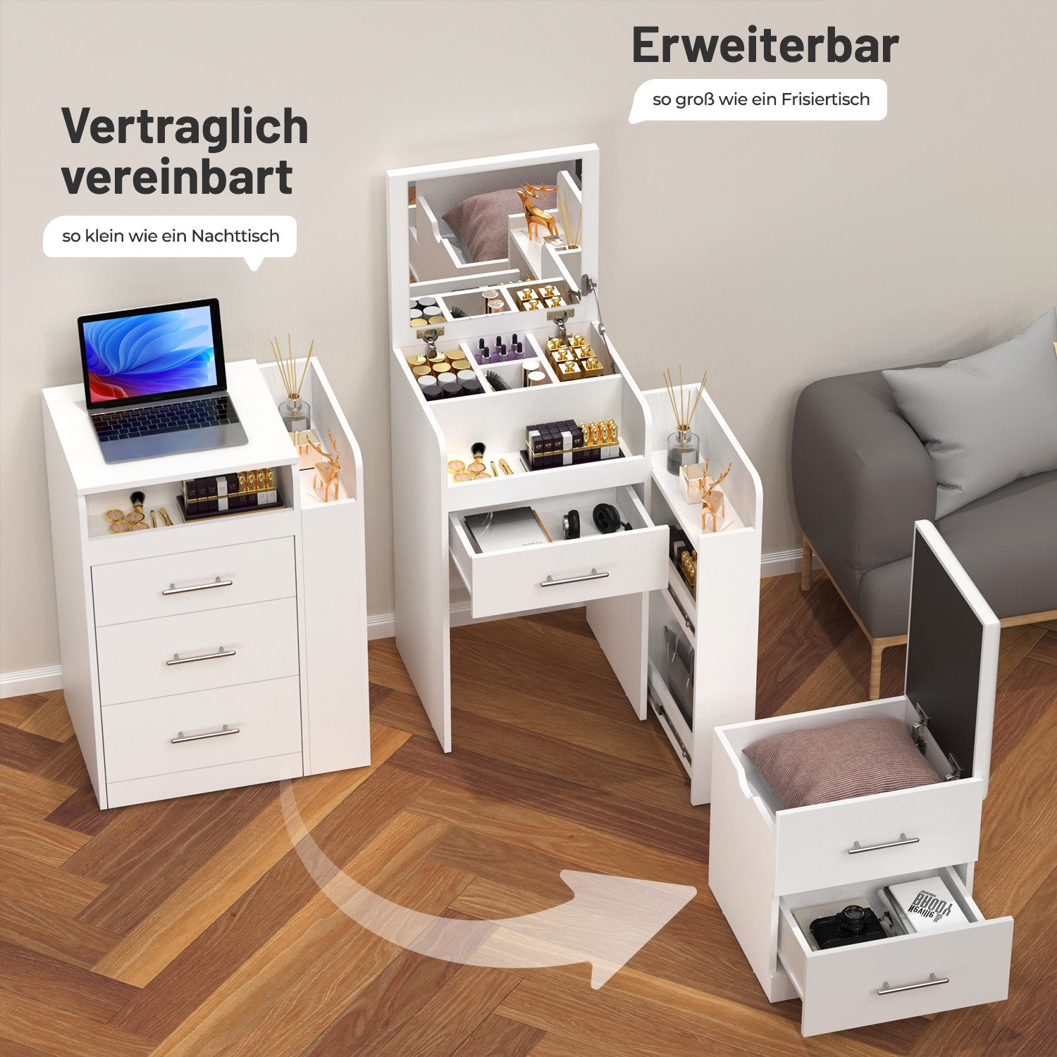oyajia Schminktisch 3 in 1 Schminktisch mit Hocker, Klapp-Nachttisch, 5 Schubladen, Weiß (Aufklappbarer Spiegel Kosmetiktisch mit Schubladen, Fächern & Hocker), – Bild 5 von 5