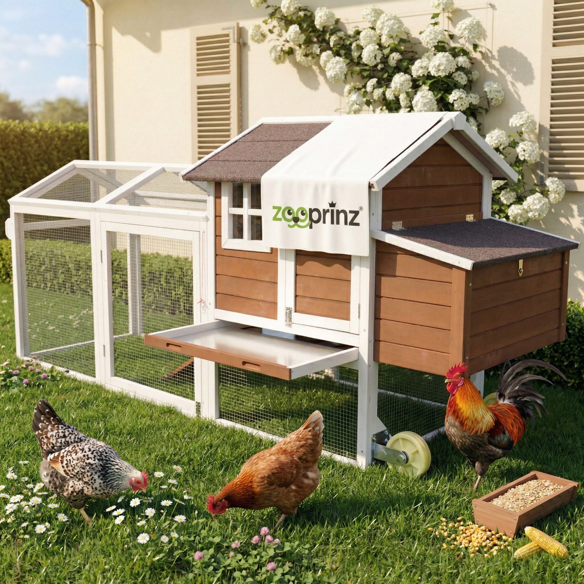 Zooprinz Hühnerstall Mobi mit Rollen extra Freilauf 248x115x76 cm (BxHxT), Klappdach, wetterfestes Kiefernholz, Nistkasten