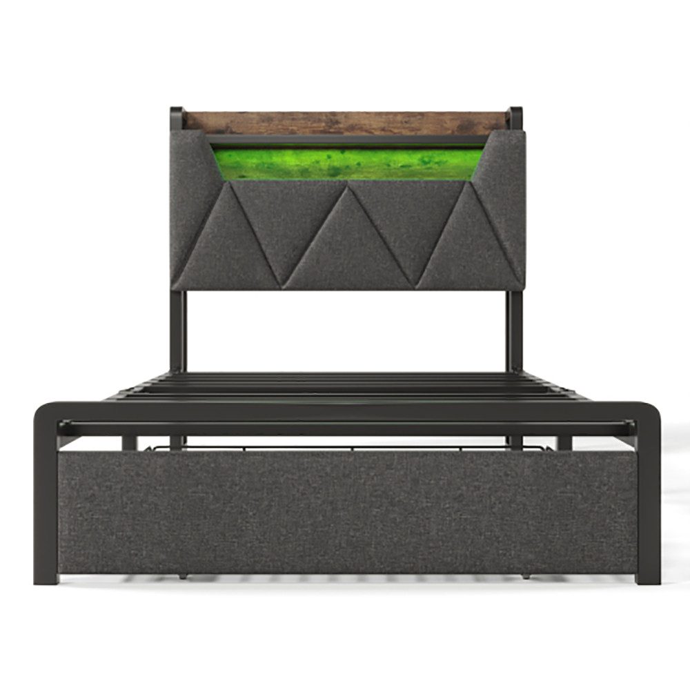 Polsterbett (90 x 200cm Stauraumbett mit Lattenrost, Schublade und LED-Beleuchtung), Ladefunktion Stauraum-Kopfteil, Einzelbett aus Stahlrahmen, Leinen