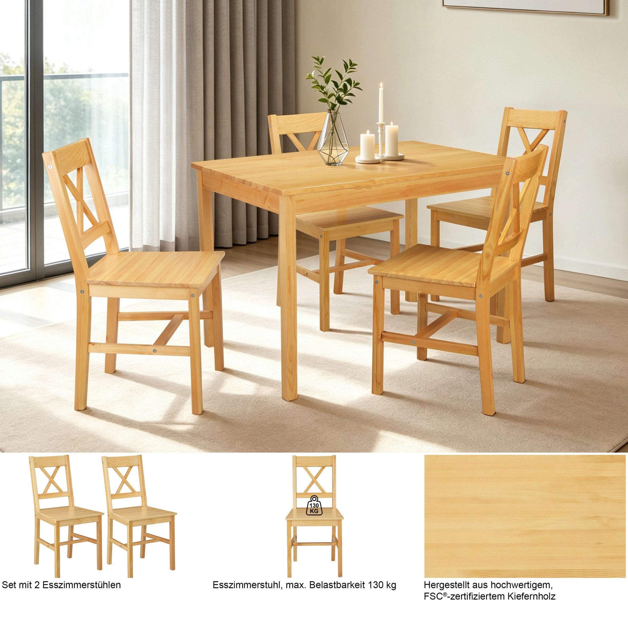 OTTO home Esszimmerstuhl Willow (Set, 2 St), aus massivem Kiefernholz, lackiert, pflegeleicht, bis 130 kg belastbar