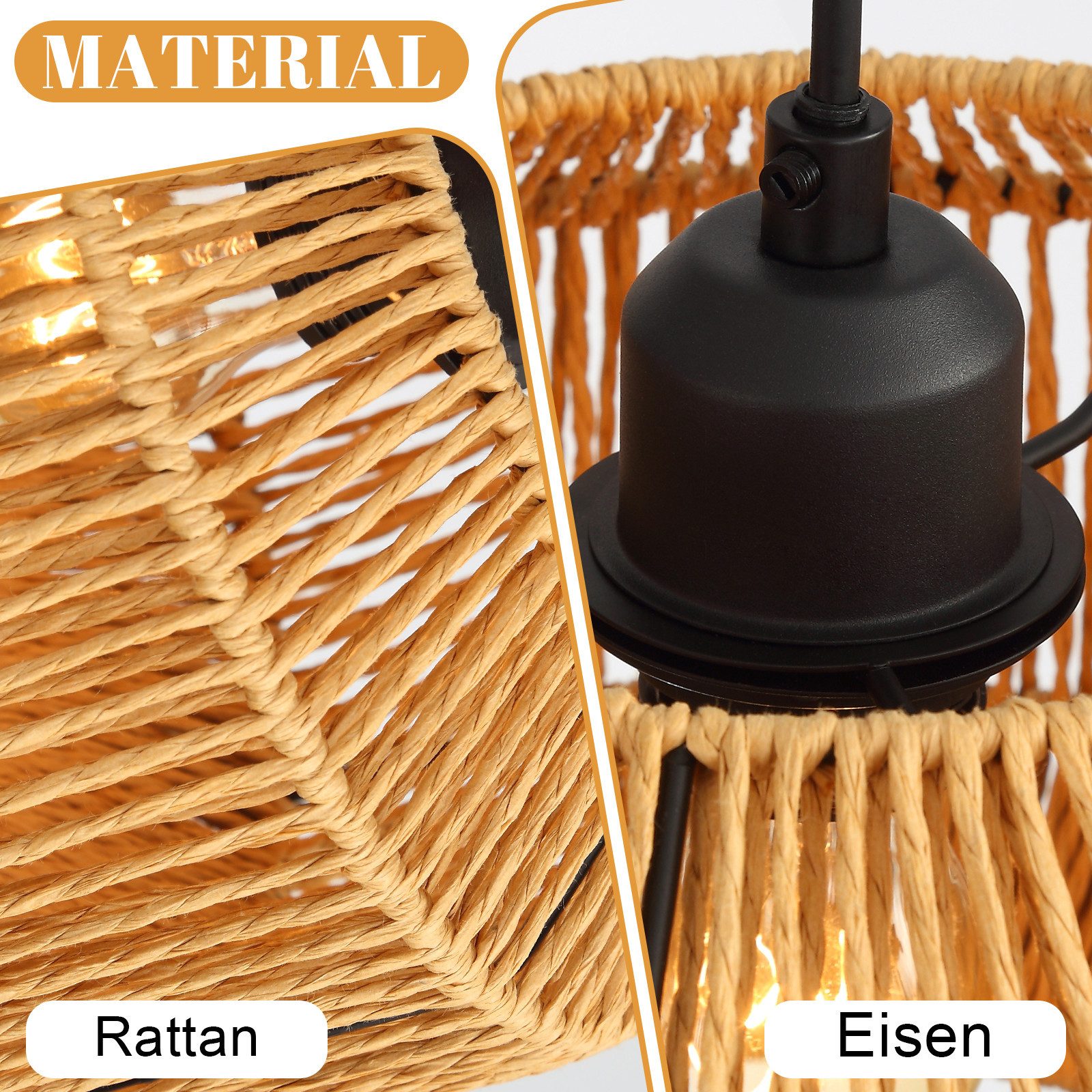 Nettlife Pendelleuchte Rattan 3 flammig Boho E27 Hängeleuchte für Esstisch, Ohne Leuchtmittel, für Esstisch Esszimmer Schlafzimmer Wohnzimmer – Bild 5 von 5