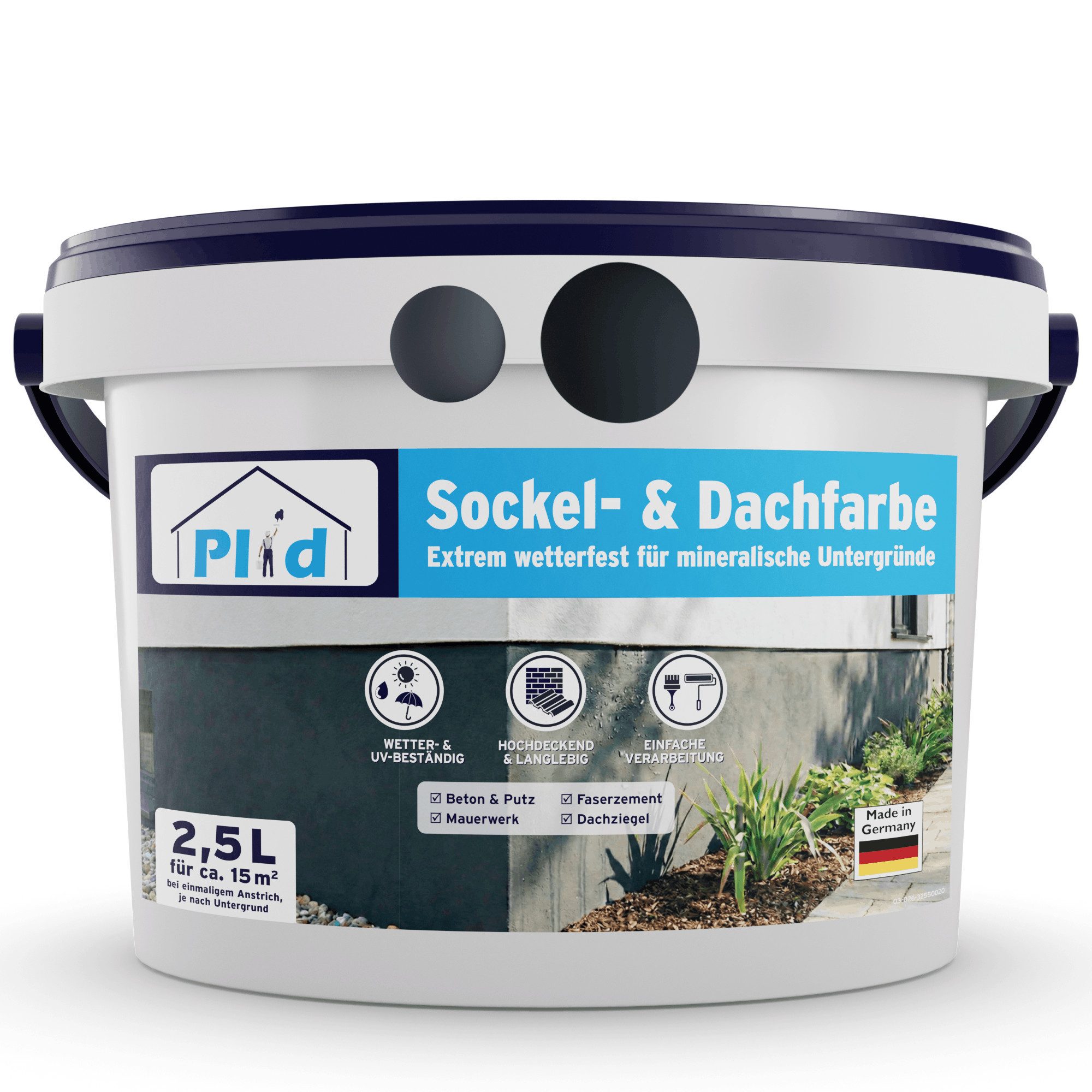 plid Dach- und Sockelfarbe Sockel- & Dachfarbe – Matte Fassadenfarbe mit Abperleffekt, Wetterfest, UV-beständig, Hochdeckend, Vielseitig, Scheuerbeständig