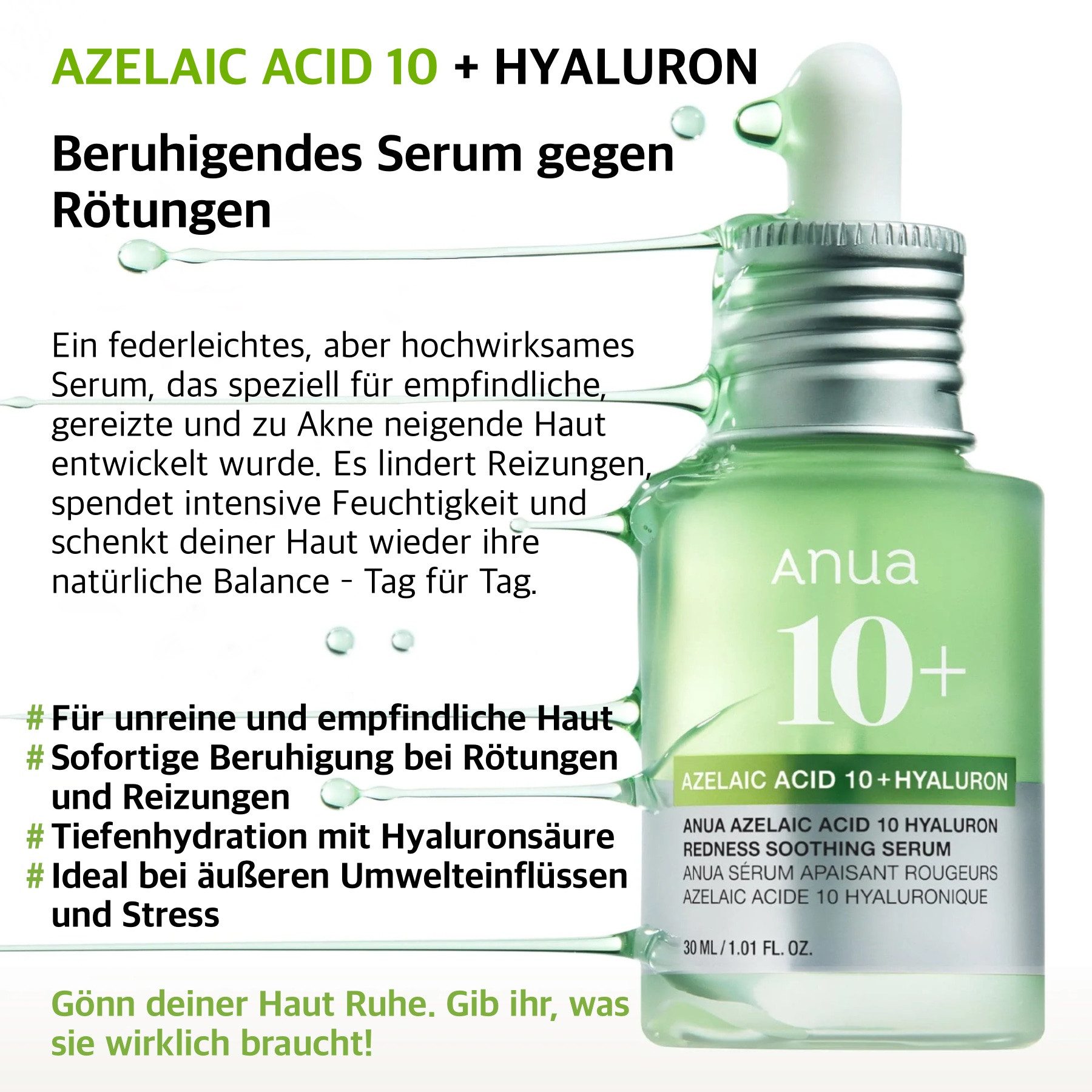 Anua Gesichtsserum Anua 10% Acelaic Acid Hyaluron Redness Soothing Serum 30ml, 2-tlg., Anti-Aging, Anti-Falten,Gesichtsserum,Hautpflege