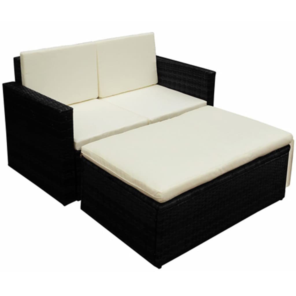 furnicato Garten-Essgruppe Garten-Sofagarnitur PE-Rattan Schwarz 123x65x72 cm 2-Sitzer, (1-tlg), Witterungsbeständige Sitzgruppe mit Hocker und waschbaren Kissen