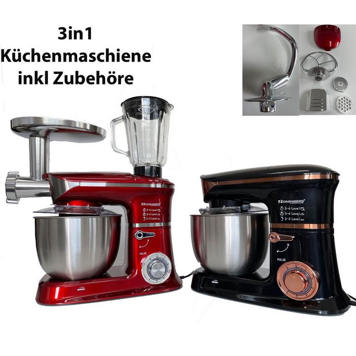Rosenberg Küchenmaschine 3in1 Küchenmaschine StandMixer Ice Crusher Fleischwolf Teigkneter 6 5L 2000W in rot oder schwarz-braun 2000 W 3in1