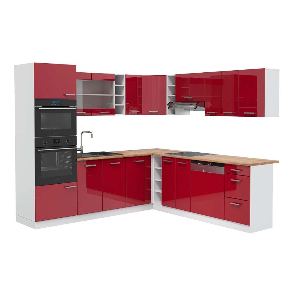 Front: Bordeaux Hochglanz | Arbeitsplatte: Goldkraft Eiche