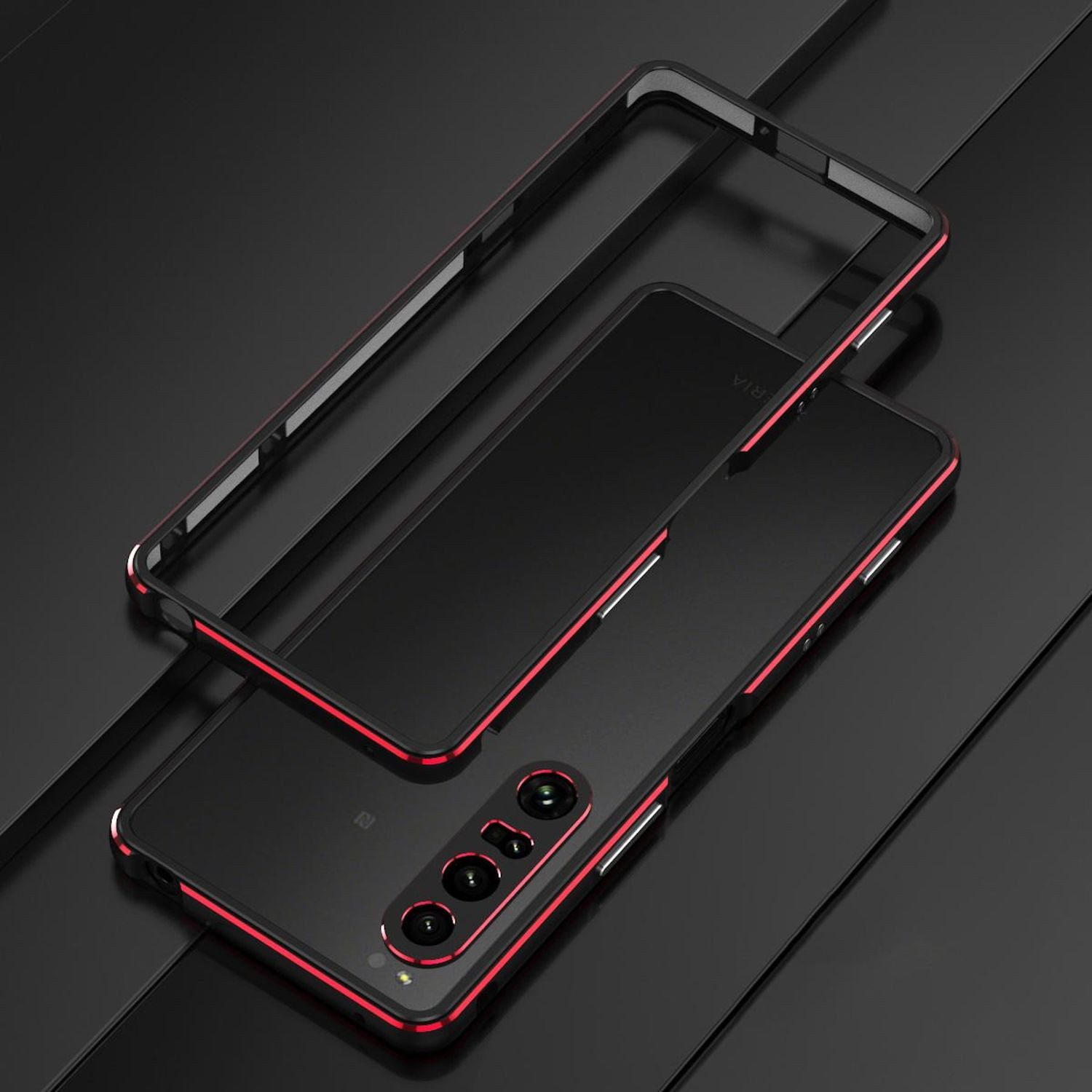 Wigento Handyhülle Für Sony Xperia 1 VII Aurora Series Metallrahmen Schutz Hülle Rot, Metallrahmen mit integriertem Linsenschutz