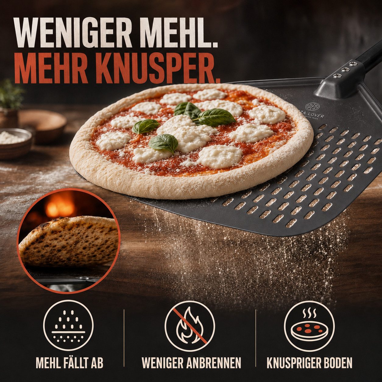 Pizza Lover Pizzaschieber Pizzaheber Harteloxierte perforierte 30x70 cm Aluminium Pizzaschaufel, Pizzaheber. Pizzaschieber 30x70 cm