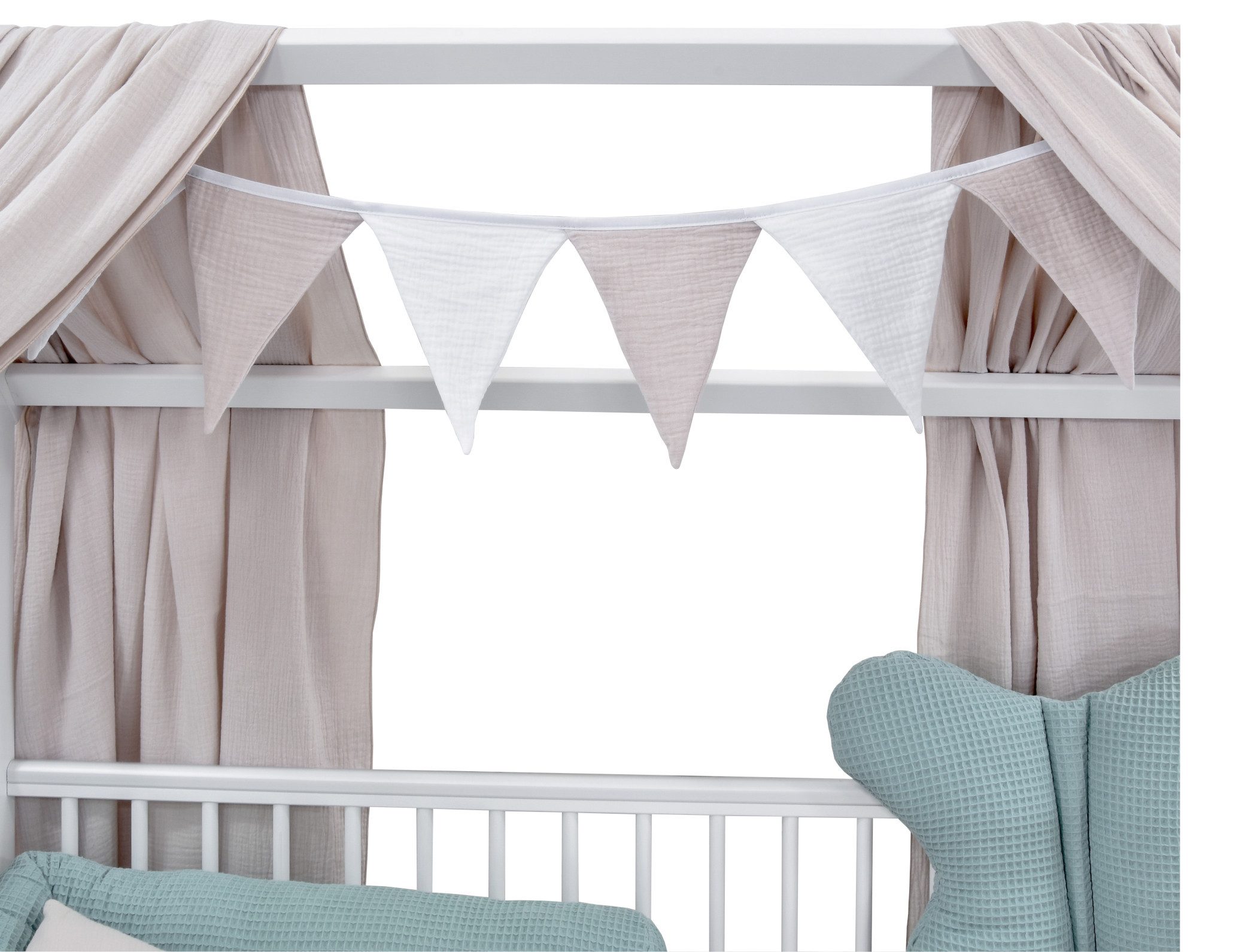 Baby-Delux Komplettbett Hausbett Babybett Komplettset Waffelpique Musselin, 12-tlg., Kinderbett 60x120 cm weiß, Bettset verschiedene Designs