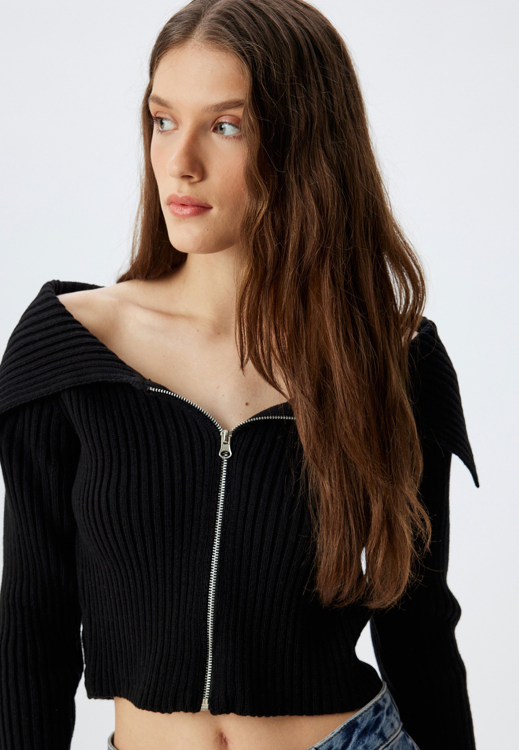 Koton Strickpullover Schulterfrei Mit Reißverschlussdetail