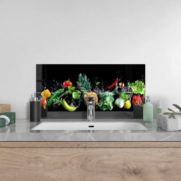 DEQORI Küchenrückwand 'Sauberes Obst und Gemüse', Glas Spritzschutz Badrückwand Herdblende