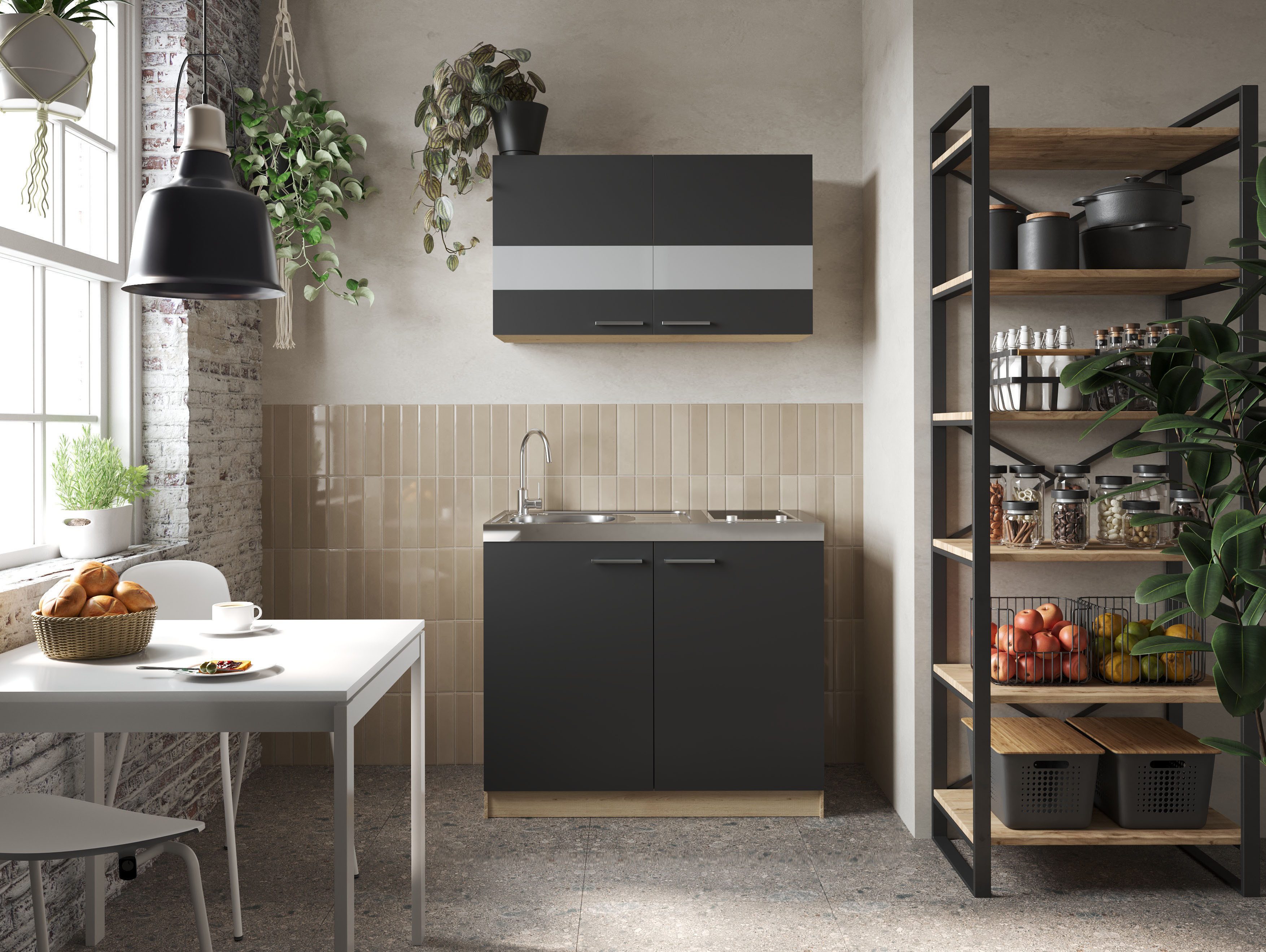 RESPEKTA Pantryküche Merle, Breite 100 cm, Soft-Close, Spülenabdeckung mit Glaskeramikkochfeld