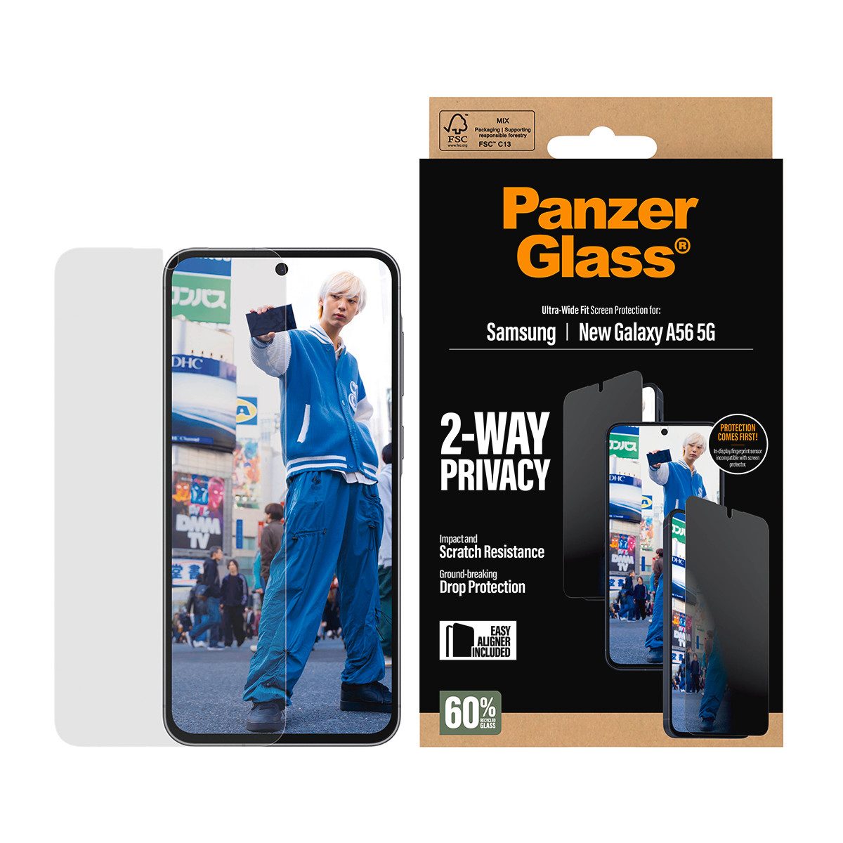 CARE by PanzerGlass Displayschutzglas Ultra-Wide Fit 2-Way Privacy Screen Protector für Samsung Galaxy A57, Displayschutzfolie, Schutzfolie, Bildschirmschutz, kratz- & stoßfest