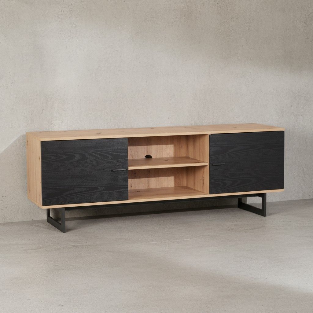 KADIMA DESIGN Lowboard Lowboard Eiche-Dekor Schwarz 150x55x40 cm TV-Kommode Modern, Design (Fernsehkommode Wohnzimmer), TV-Schrank Hoch, Fernsehtisch Fernsehschrank mit zwei Türen