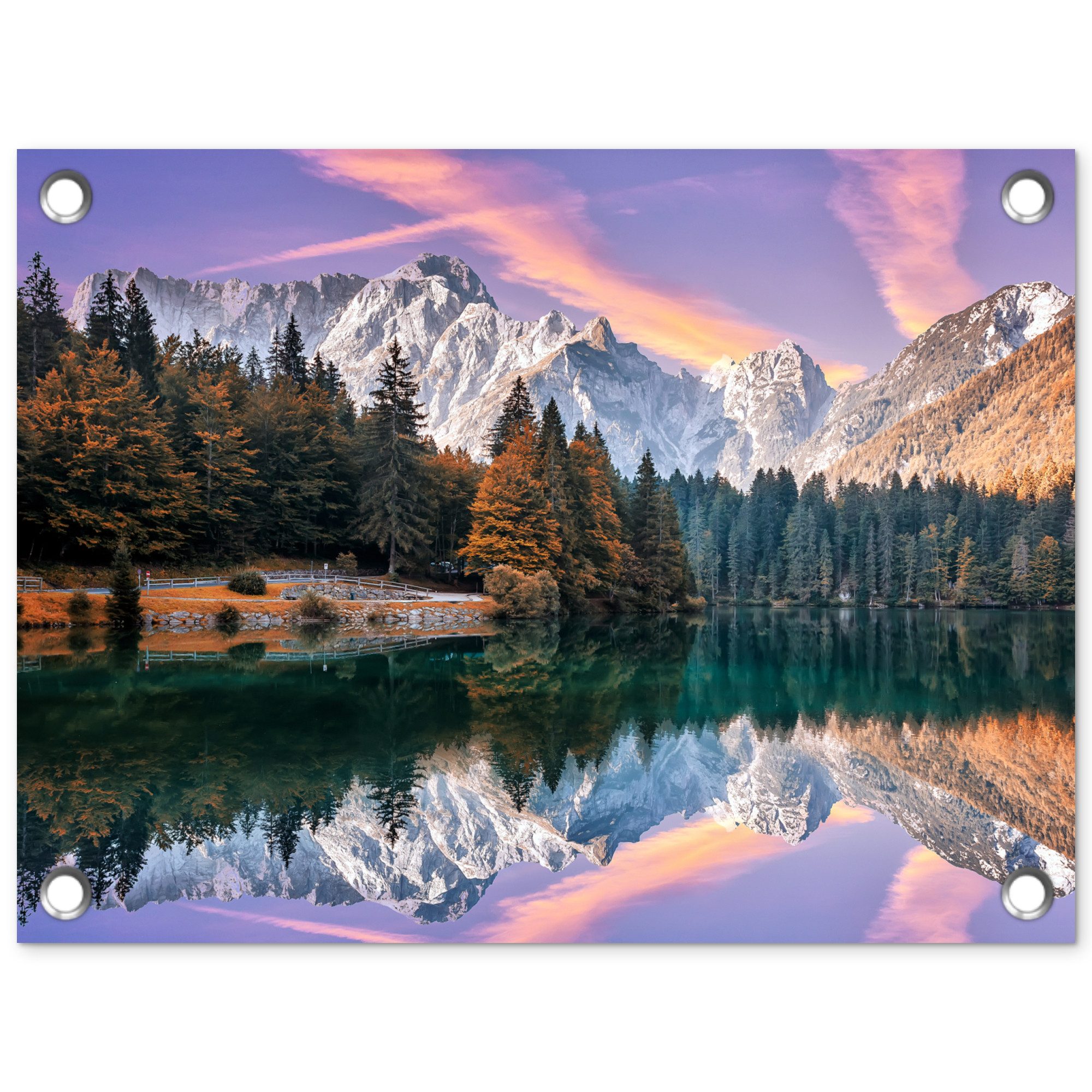 OnlyWow Poster für Garten Berg - Wald - Wasser - Himmel - Rosa - Lila, Gartenposter, Outdoor Bilder, Gartendekoration Bild, 40x30 cm