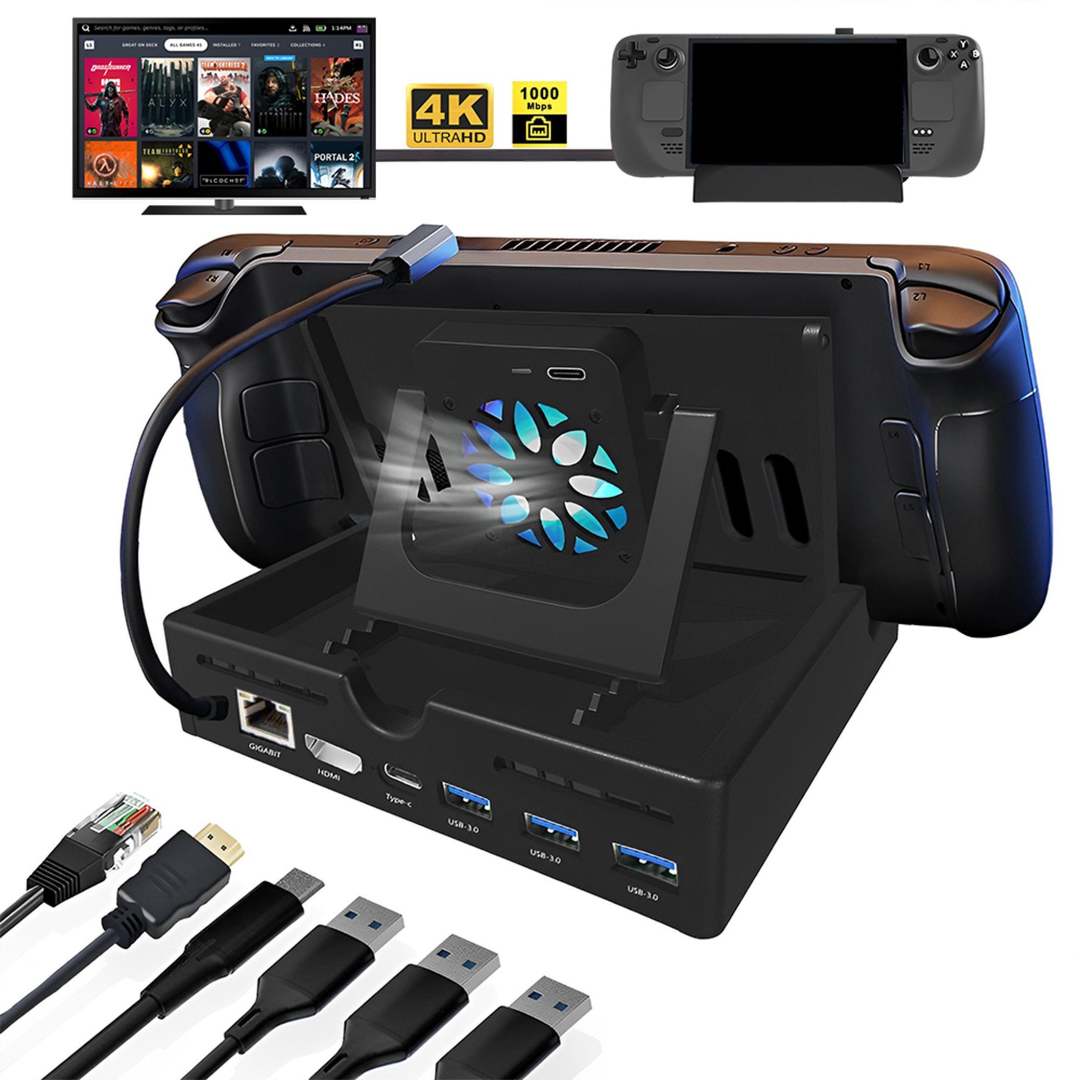 feinlux Speicherladestation Konsolen-Dockingstation Steam Deck, Set, 6 in 1 dock,Docking-Station, Handgehaltene Ständer,HDMI4K60HZ, Mit Ventilatorkühler