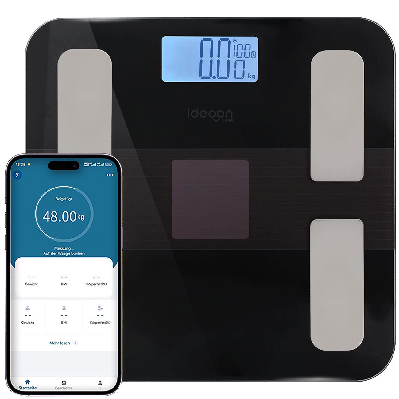 shop'n smile ideoon Körper-Analyse-Waage Körperanalyse-Waage bis 180kg Solar Akku Glas Körperfettwaage App, 4 Sensoren, LED, BMI/Fett/Wasser, App, Bluetooth, bis 180 kg