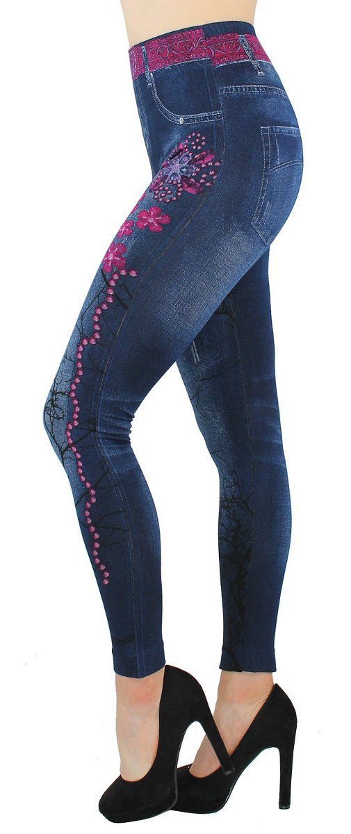 Optik in Leggings mit Bund Bequem High elastischem Jeans Waist Damen JL416-DiamondPInk Jeansleggings Jeggings Jeggings dy_mode