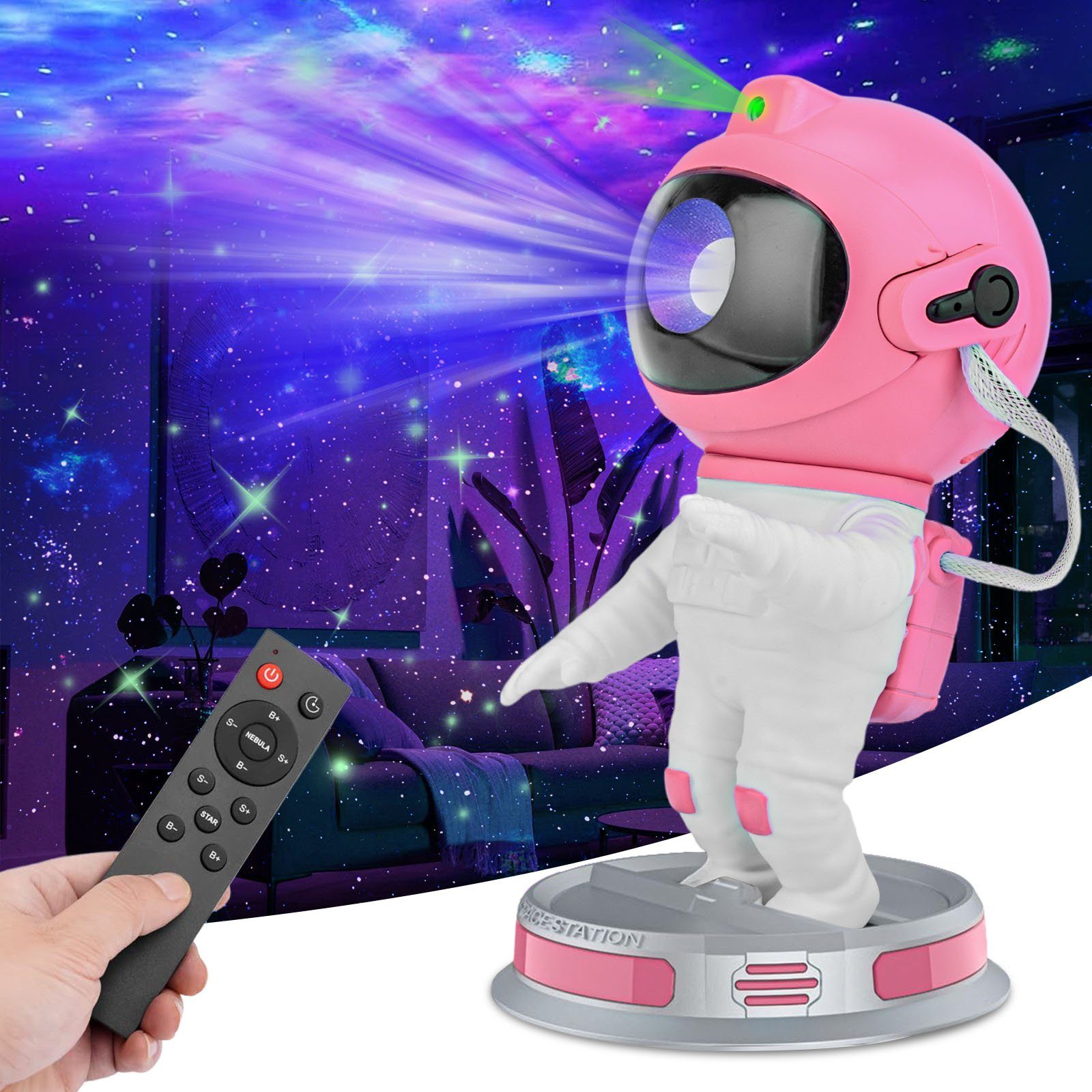Laybasic Projektionslampe Galaxis Astronaut Sternenprojektor, Nachtlicht Musikredner Projektor, Rot, Grün, Blau, Weiß, Musik Lautsprecher, Bluetooth, Fernbedienung