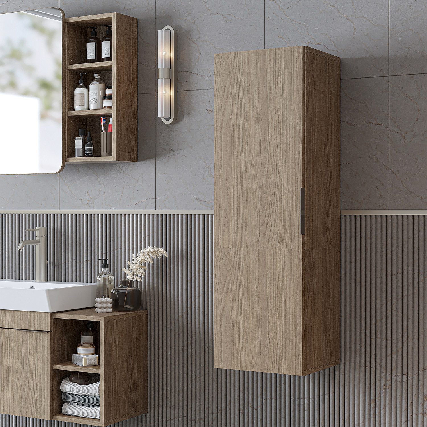 Roomart Badmöbel-Set LYCIA 82 cm 4-tlg., offenes Regal, Keramikbecken, 4 Farben, (Komplett-Set, Komplett-Set - Einzelteile auch separat erhältlich), Soft-Close, offene Regale, 32 cm tief, Keramikbecken inkl.