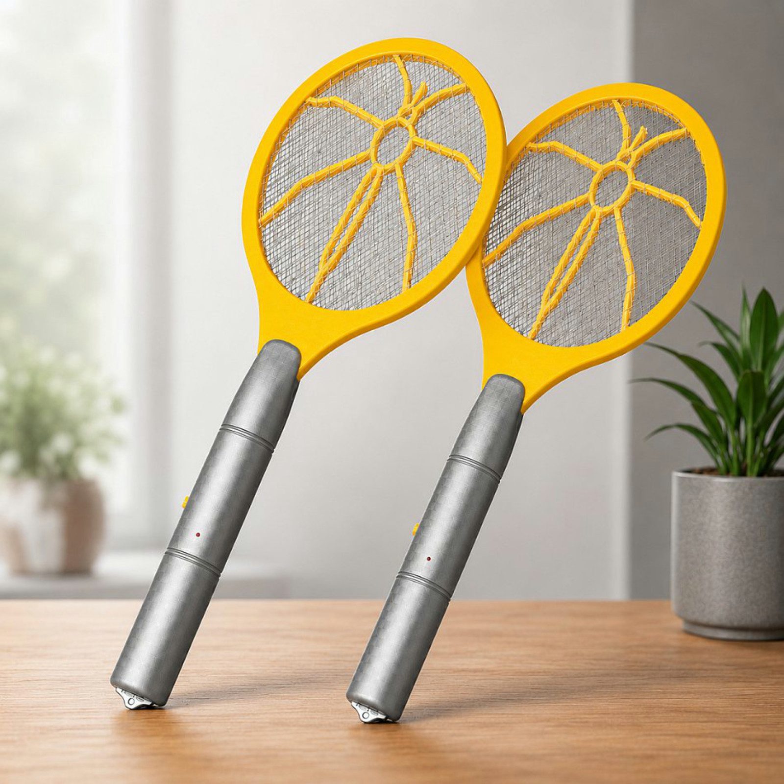 Haushalt International Fliegenklatsche Fliegenfänger Insektenfänger Elektrisch 2er Set, 46cm, Kunststoff, Gelb / Grau, Sicherheitsgitter